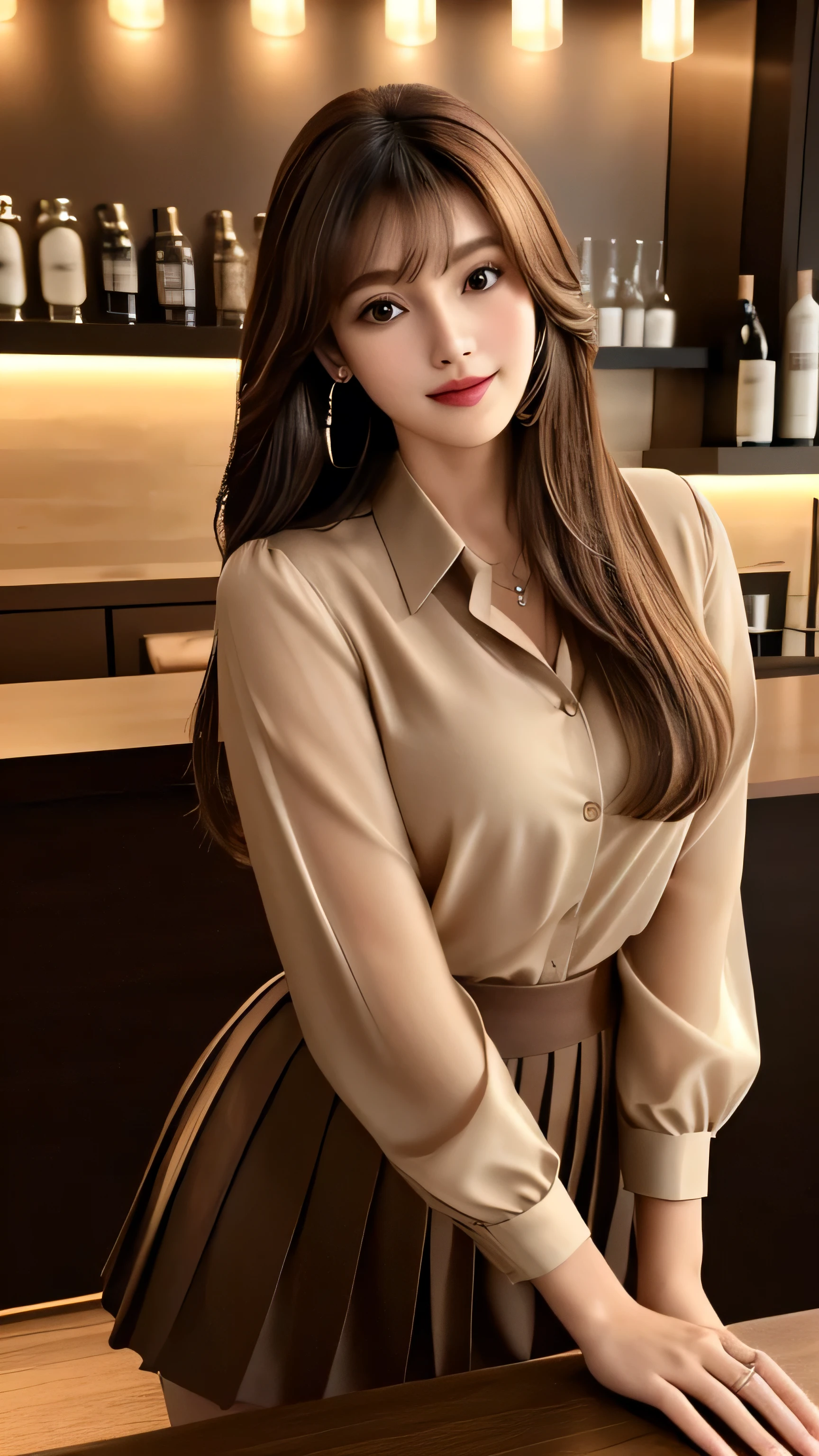 masterpiece, highest quality, Realistic, Super detailed, In detail, High resolution, 8k wallpaper, 1. Beautiful Women, Light brown hair, Sharp focus, Perfect dynamic composition, Beautiful fine details, Fine hair, Detailed and realistic skin texture, smile, Portraiture, Model Body Type,brown long sleeve button up blouse_brown pleated mini skirt_brown tie、full body portrait、Long straight hair_Hair reaching down to the waist with bangs、Place your left hand gently on your chin_see-through sleeves、Sits on a bar chair by the counter in a seductive pose in a stylish bar at night,gold necklace_Large earrings,full figure supermodel standing, entire body in frame、12cm high heels