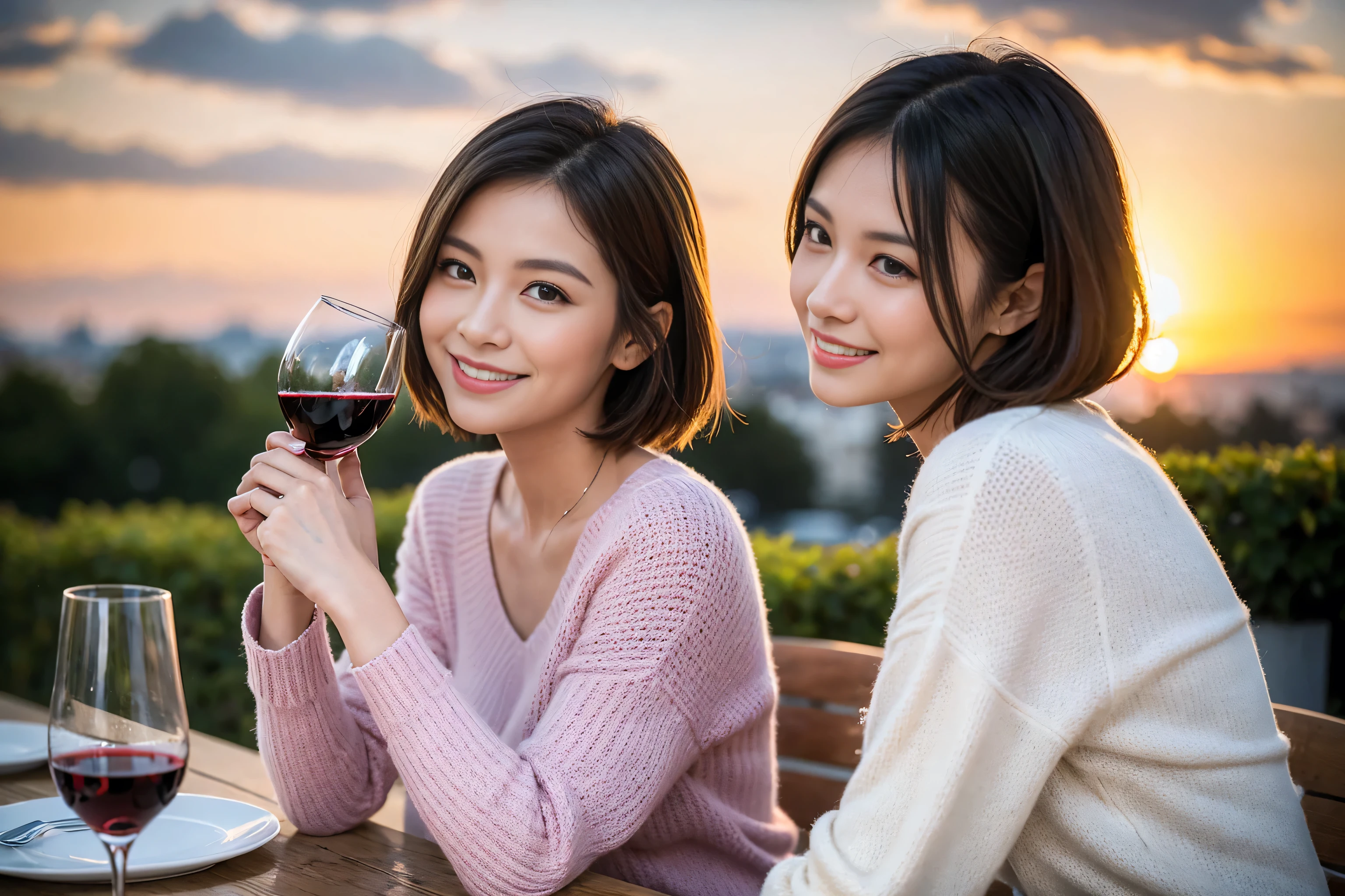 ((highest quality、8k、masterpiece:1.3))、 (Real, Genuine、Face carefully、Bright image、Intricate details:1.2), Best smile、1 male, 1 female、Beautiful couple、Lovers、Japanese couple、A gentle lover、actress、model、smile、full-course dinner、Pink long sweater: 1.1, Super Fine Face, Delicate eyes, double eyelid, smile,  (Slim face), (the body is slim), (Brown Hair), (short hair), Wine glass on the table、Please put light on my face、 Amazing view of the sunset sky and clouds、 (36 years old), 39 years old, red wine 、Wine bottle、sparkling wine、Long sleeve shirt、dress、White wine, red wine, wine glass, 