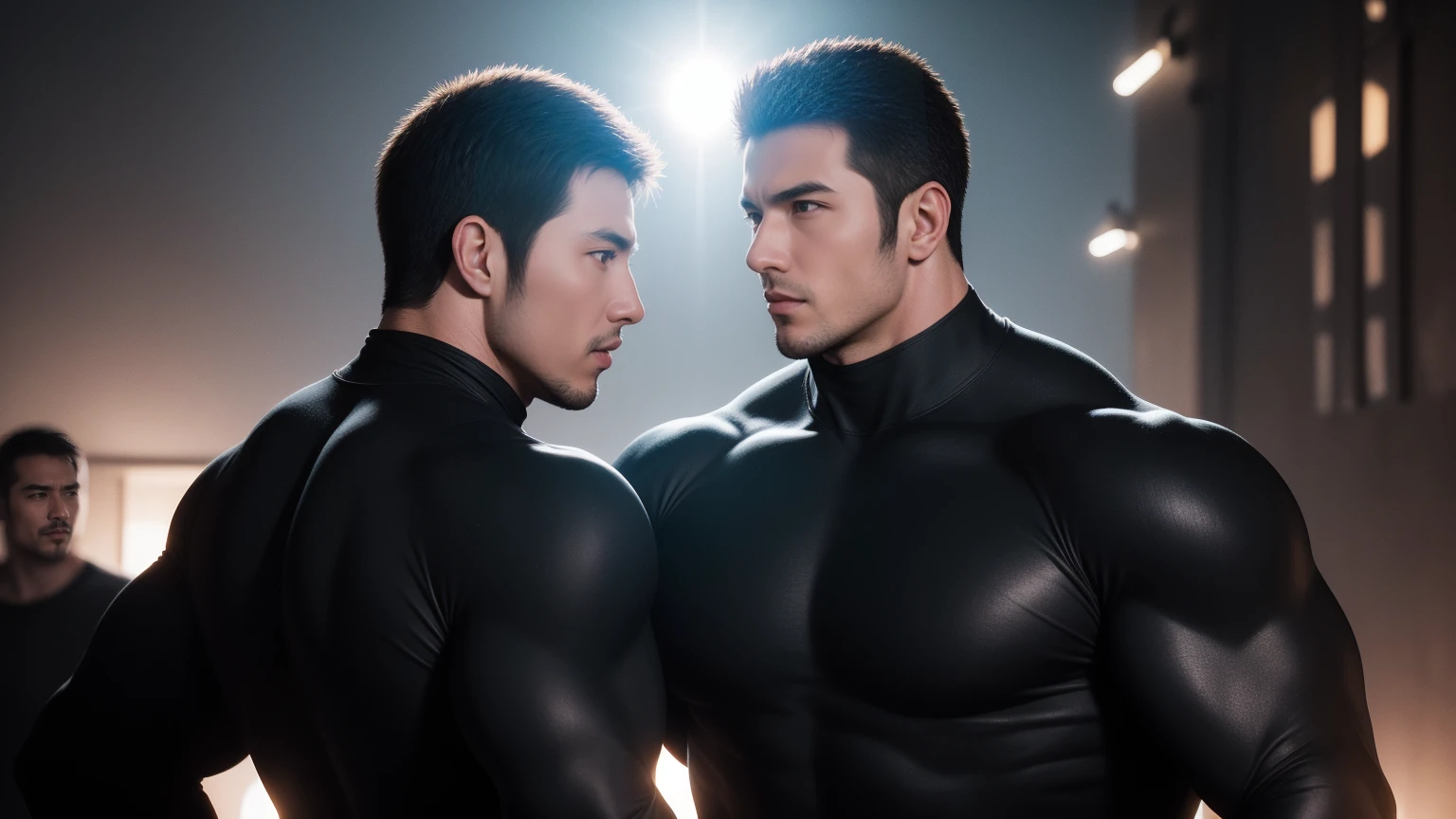 Super muscular man hugging and kissing, Open mouth and scream,Look at each other affectionately,They hugged each other affectionately,Buzz Cut,On the old-style outdoor street under the hot sun, Wear a long-sleeved, deep turtleneck bodysuit, Thickened warm elastic texture,Clothes are very dirty with mud stains,The expression is arrogant, Thick thighs, Messy hair, Thick thighs, High-necked long-sleeved dark yellow high-necked tights, very tight, Regular symmetrical pattern, Highlight muscles, Police uniform pants, character concept(Resident Evil - Chris Redfield, Chris Redfield)A proud expression, Deep and charming eyes, Heroic male pose, tall Burly, muscular!muscular thighs, tough guy, perfect facial features, High, Burly, Heqiang, Super polished and cool, High Resolution Committee, Charismatic, The sun is blazing, dazzling