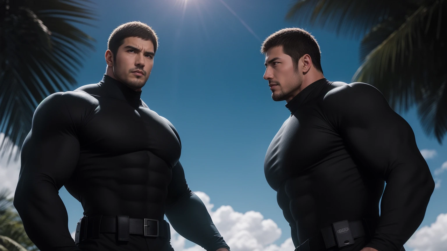 Super muscular man hugging, Open your mouth and scream,Look at each other affectionately,They embrace affectionately,short hair,Beach under the scorching sun, Wear long sleeves, Deep turtleneck bodysuit, Thickened warm elastic texture,The clothes are dirty,There are mud stains,The expression is arrogant, Thick thighs, messy hair, Thick thighs, High-necked long-sleeved dark yellow high-necked tights, very tight, Regular symmetrical pattern, Highlight muscles, Police uniform pants, character concept(Resident Evil - chris redfield, chris redfield)A proud expression, Deep and charming eyes, Valiant male pose, tall Burly, muscular!muscular thighs, Tough Guy, Perfect facial features, High, Burly, Heqiang, Super exquisite and cool, High Resolution Committee, Attractive, The sun is blazing, Dazzling