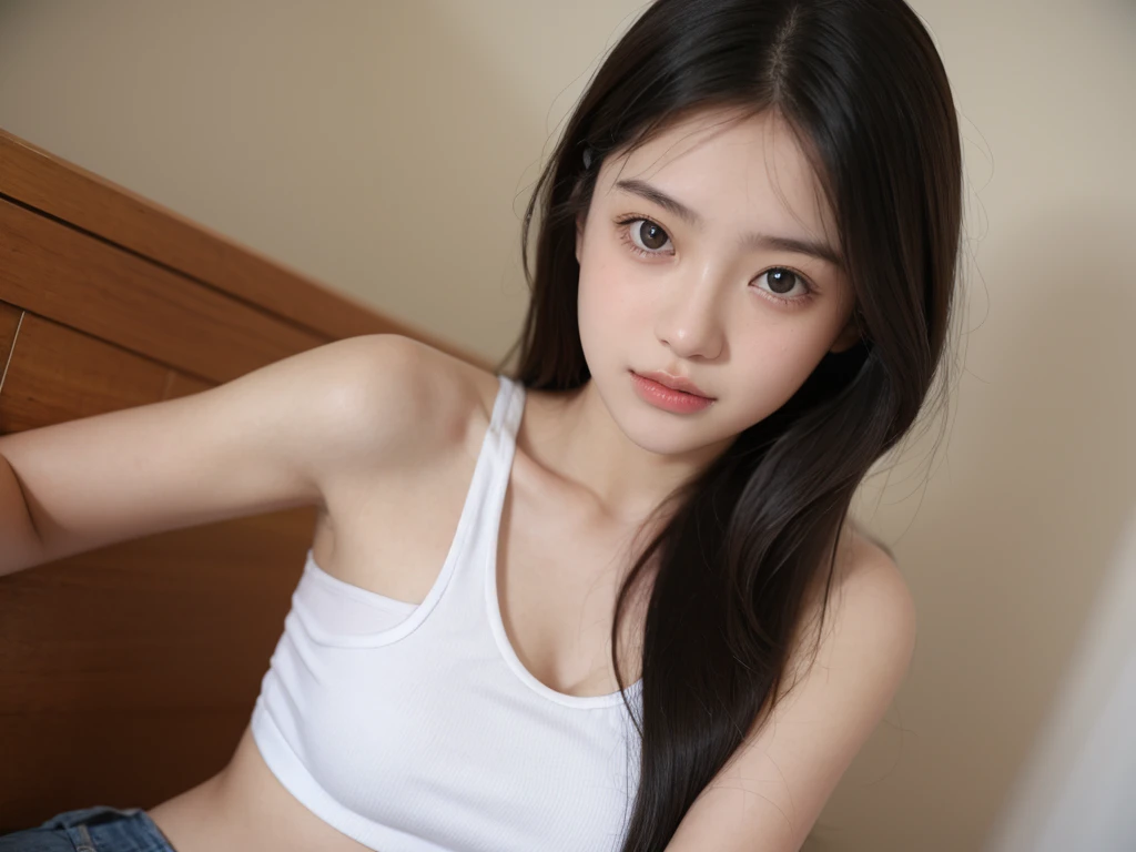 Cute, girl, wearing mini tanktop, longhair medium Breasts