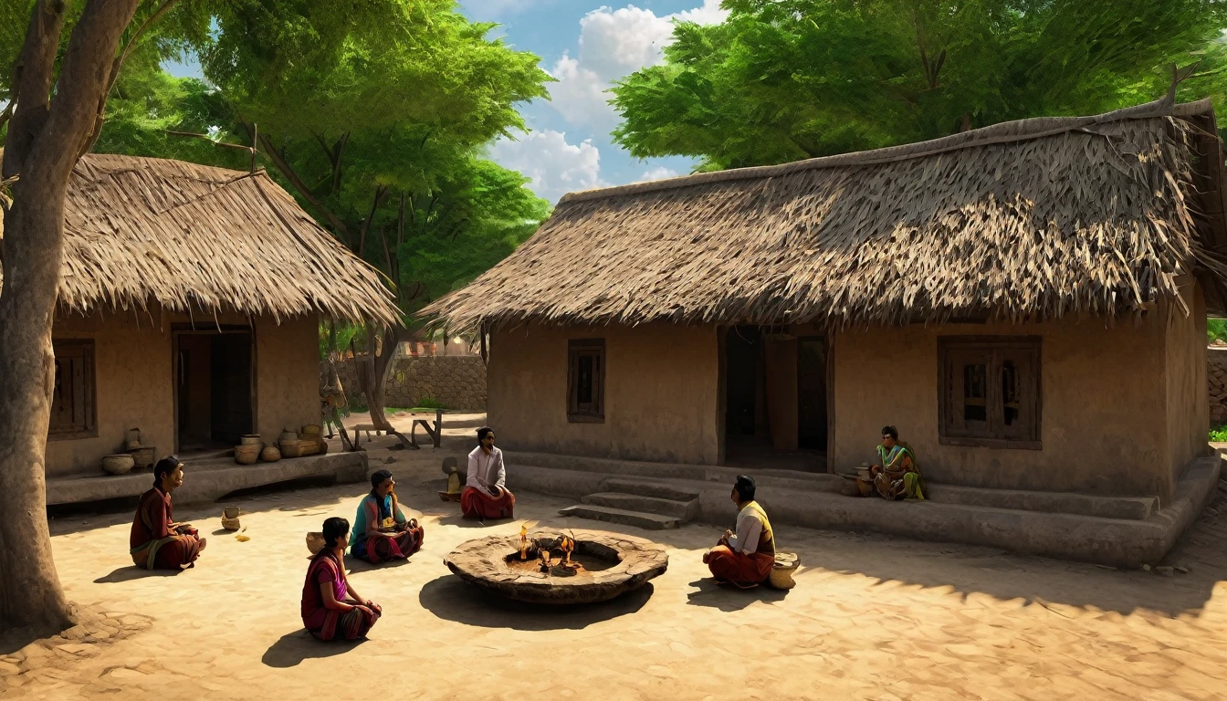 Create a digital artwork of an Indian village with people sitting together and sharing horror stories. The scene should depict a traditional village setting with rustic houses and an open courtyard. A group of villagers, including elders and children, should be gathered around a dimly lit area, perhaps a small fire or lantern, with expressions of intrigue and suspense. The background should include elements like trees, simple furniture, and village artifacts to enhance the authenticity and atmosphere of the storytelling session