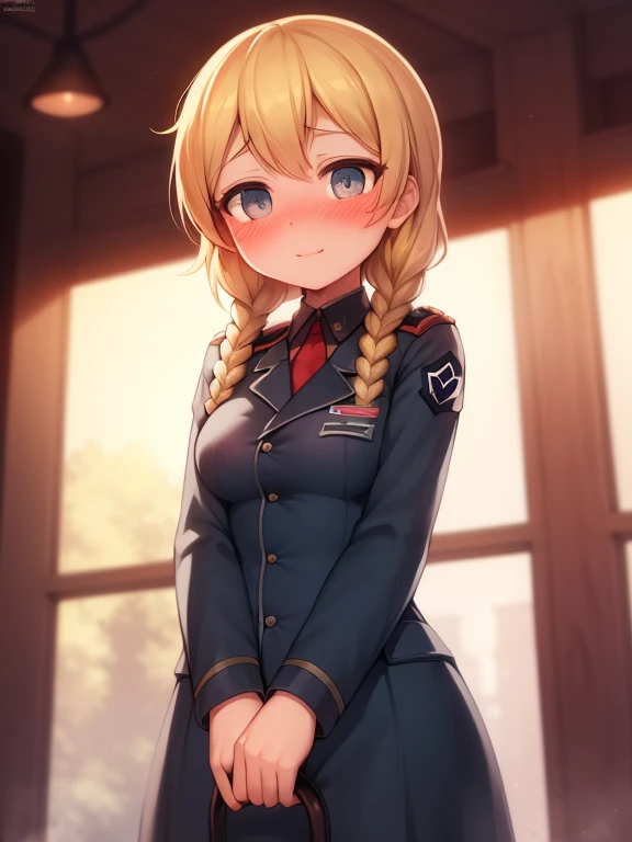 ultra cute girl, beautiful lights and shadows, ambient light, ultra detailed, volumetric light, , cute german ww2 army girl, third reich , ss officer, blond hair, braids, blush,