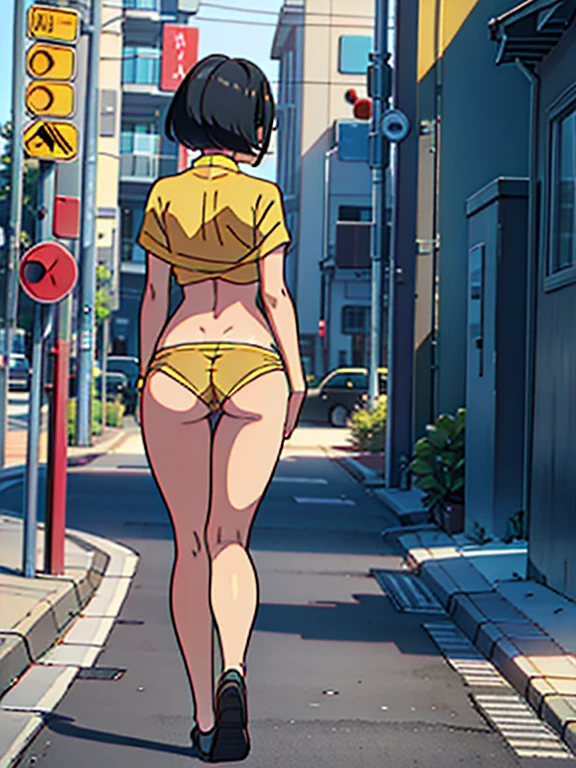 masterpiece, best quality, dark skin, short hair, yellow eyes, black hair, beautiful girl, thin, full body, very plan boobs, very short boobs, very small boobs, big butt, wide thigh, walking on the street