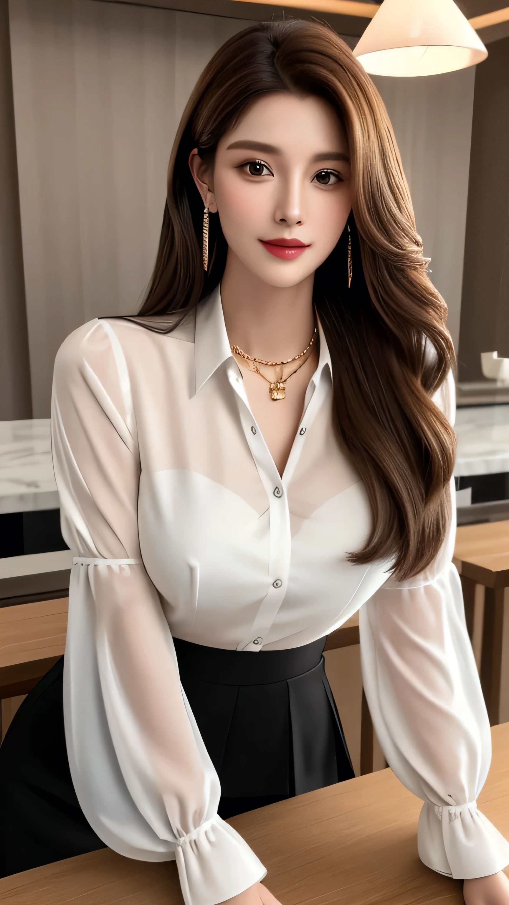 masterpiece, highest quality, Realistic, Super detailed, In detail, High resolution, 8k wallpaper, 1. Beautiful Women, Light brown hair, Sharp focus, Perfect dynamic composition, Beautiful fine details, Fine hair, Detailed and realistic skin texture, smile, Portraiture, Model Body Type,white long see-through sleeves button up blouse_white pleated mini skirt_red long ribbon tie、full body portrait、Long straight hair_Hair reaching down to the waist、Place your left hand gently on your chin,Sits on a bar chair by the counter in a seductive pose in a stylish bar at night,gold necklace_Large earrings,full figure supermodel standing, entire body in frame、12cm high heels