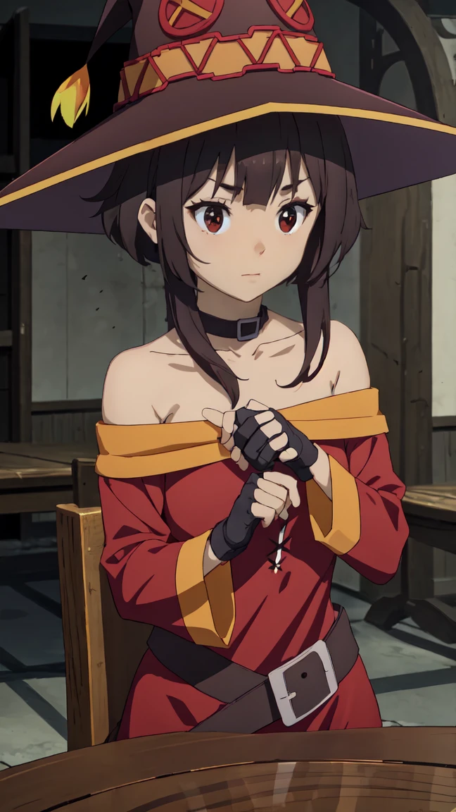 Artgerm, table, Best quality, extremely detailed, table, Best quality, Megumin, 1 girl in, bare shoulders, Black e.g, black gloves, black hair, e.g, necklace, clavicle, dress, hair between eyes, It has, Long sleeves, I look at the viewer, Medium hair, off shoulder dress, off the shoulders, Red dress, Red eyes, side locks, One, witch hat, in room