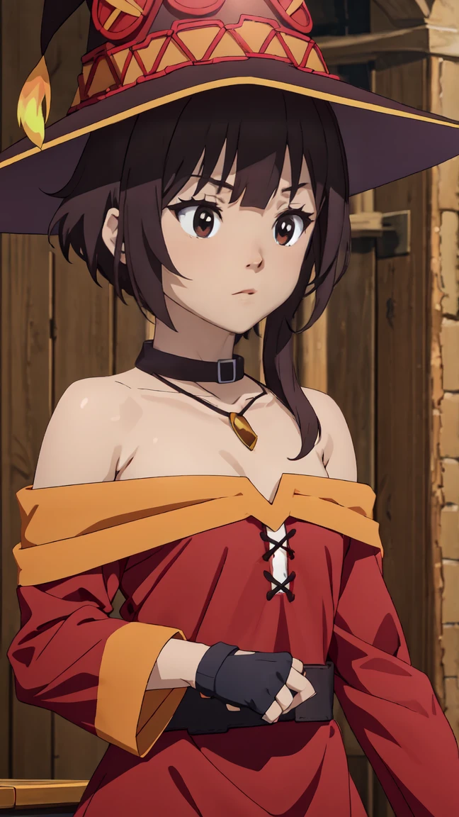 Artgerm, table, Best quality, extremely detailed, table, Best quality, Megumin, 1 girl in, bare shoulders, Black e.g, black gloves, black hair, e.g, necklace, clavicle, dress, hair between eyes, It has, Long sleeves, I look at the viewer, Medium hair, off shoulder dress, off the shoulders, Red dress, Red eyes, side locks, One, witch hat, in room