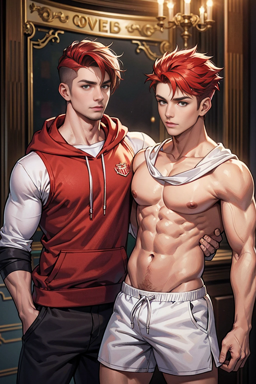 realistic, masterpiece, intricate details, detailed background, depth of field, muscular, Photo of a handsome American magician,american man, 25 years old,Wear a red sleeveless hoodie.,Wear white shorts,Fire spell,Red Hair Color,Undercut Hair Style, white skin, sexy muscular,Standing in a magic classroom