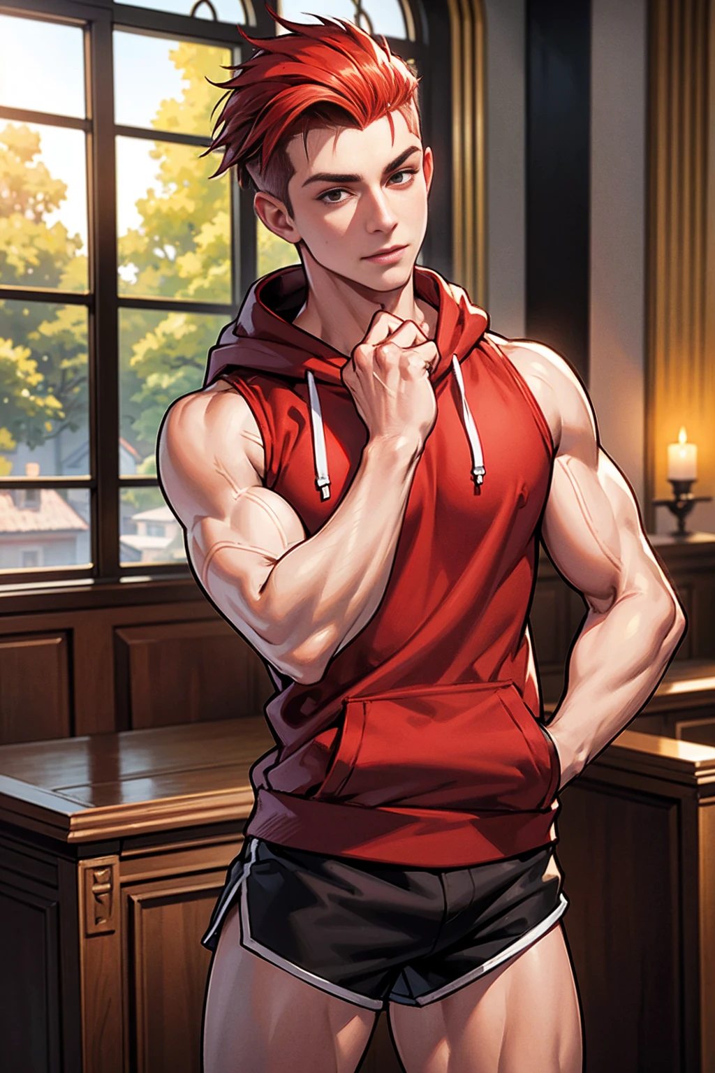 masterpiece, best quality, ultra detailed, realistic, sfw, 1boy, an attractive 18 years old fit caucasian boy legs behind head, completely , no underwear, visible , taking selfie, flexing pose, ((sweat)), shirtless, massive erection bulge, vpl, smug, full body shot, brown hair, large , hand on massive erection