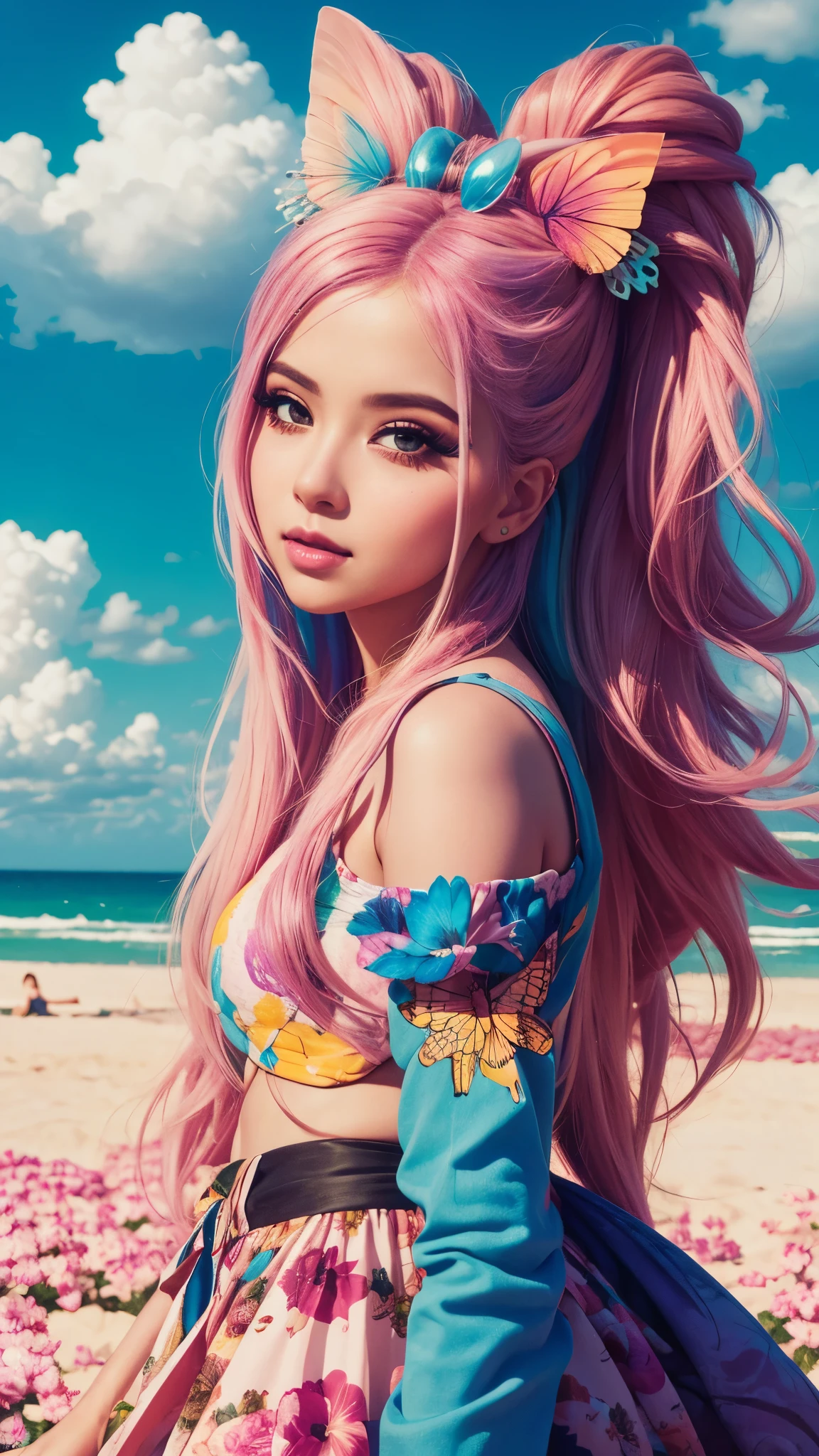 A woman with colorful hair and makeup posing for a photo in a fantasy world inspired by Lisa Frank. The sky is a vibrant pink and the clouds are an electric blue, while the ground is covered in pastel colored flowers and butterflies. El retrato es una mezcla de pop surrealism y arte pop, con detalles detallados y una mirada deslumbrante