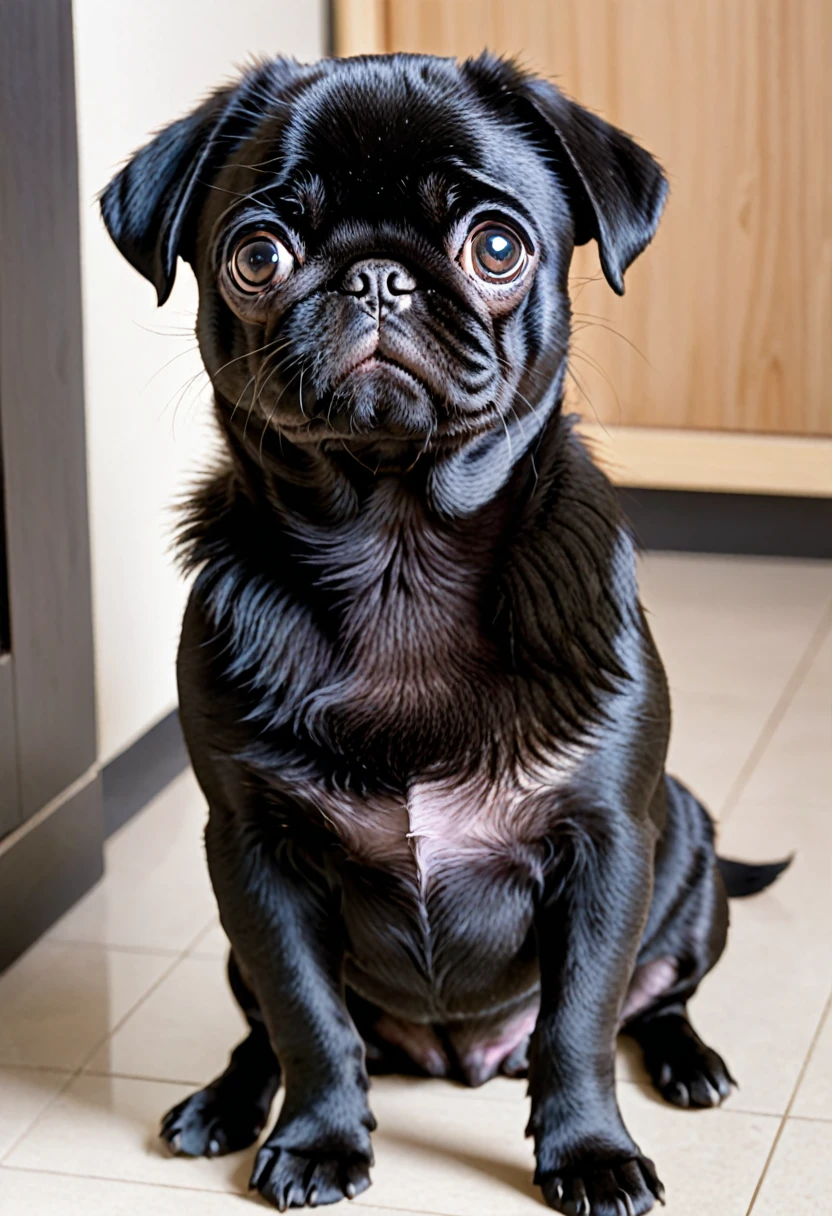A black-coated pug puppy、(((Frightened face:1.3)))、(Black hair only:1.3)、(No clothes:1.3)、pet Shop、(No collar)