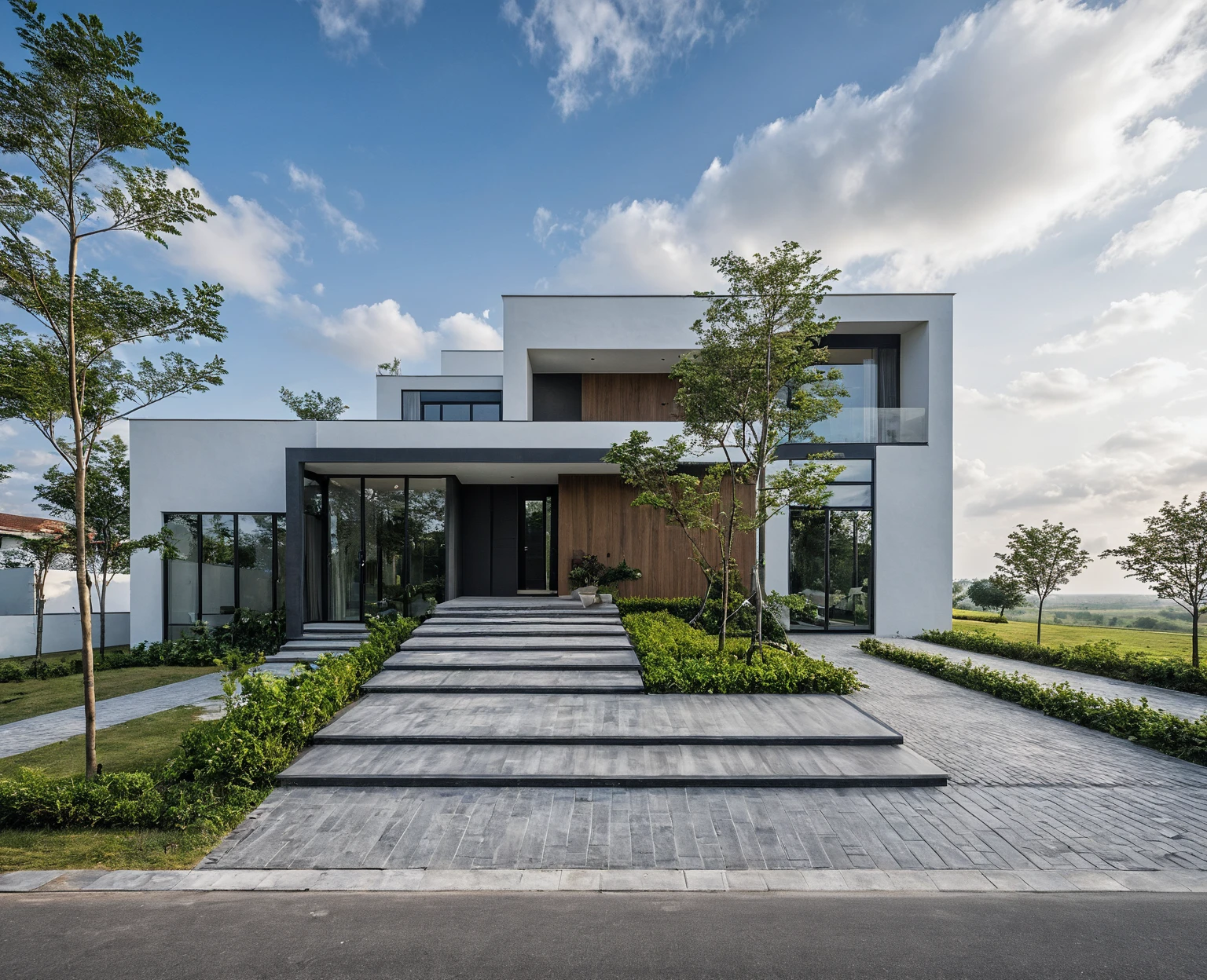 Masterpiece, high quality, best quality, authentic, super detail, outdoors, onestoreyvillaXL, aiaigroup, house style modern on the street ,stairs, white wall ,road,pavement, grass, trees, sky, cloud, (daylight:1.1)
