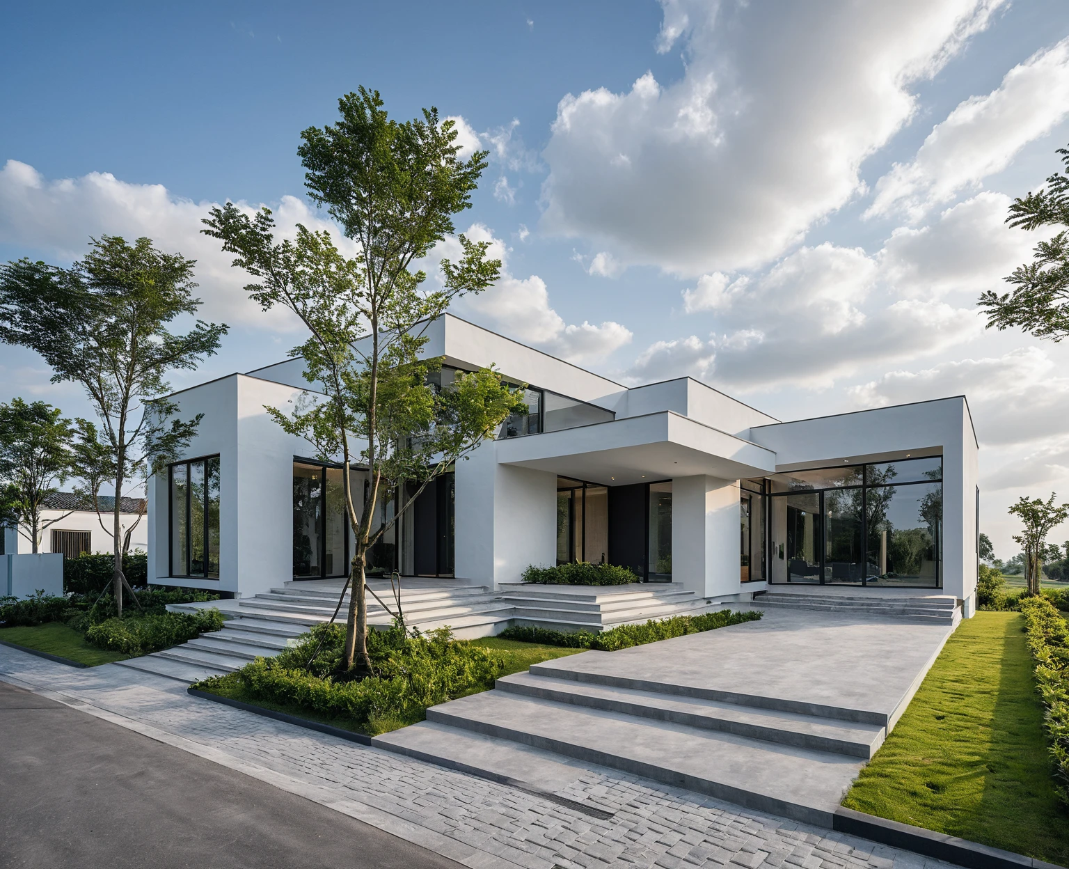 Masterpiece, high quality, best quality, authentic, super detail, outdoors, onestoreyvillaXL, aiaigroup, house style modern on the street ,stairs, white wall ,road,pavement, grass, trees, sky, cloud, (daylight:1.1)
