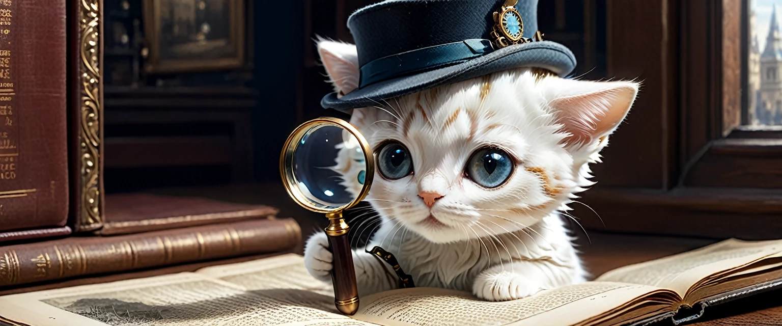 C4tt4stic, set in late 19th century London, looking through a magnifying glass, illustration of a small cute creature, small cute creature dressed in detective Sherlock Holmes costume, fantasy art, intricate detail, Jean-Baptiste Monge style, Jean-Baptiste Monge style Alan Lee style, anthropomorphic white kitten, movie scene, dramatic shot angle, atmospheric particles, realistic, raw cinematic photorealism, action portrait, 8k, detail, center, full frame