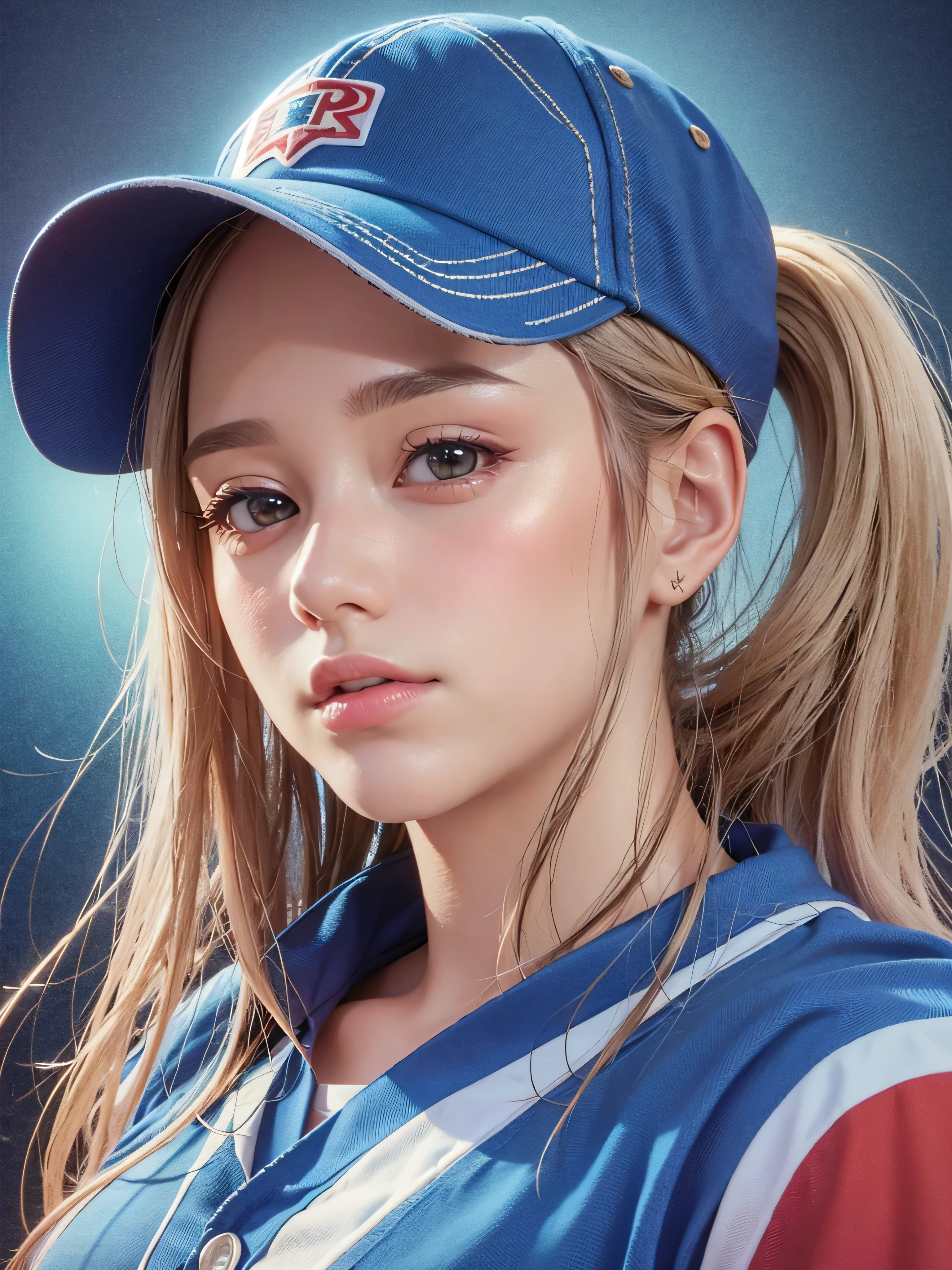 One girl, Terry Bogard Girl, Blonde, ponytail, blue eyes, Baseball cap, Eyes focus, Beautiful park background (8k), (highest quality), (masterpiece:1.2), (Realistic), (Very detailed), (Fine grain:1.2), (Detailed face:1.2), (realism:1.2), (super high quality), (Complex), (85mm), Particles of light, Lighting, (Very detailed:1.2), (Gradation), Colorful, SFW, Dawn, alone,(head shot:1.5)