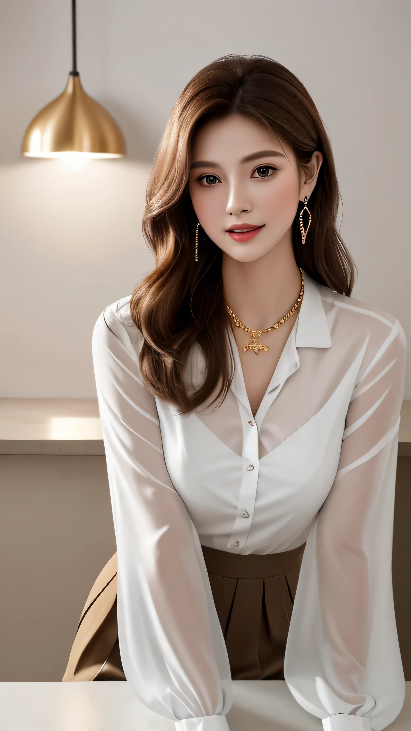 masterpiece, highest quality, Realistic, Super detailed, In detail, High resolution, 8k wallpaper, 1. Beautiful Women, Light brown hair, Sharp focus, Perfect dynamic composition, Beautiful fine details, Fine hair, Detailed and realistic skin texture, smile, Portraiture, Model Body Type,white long see-through sleeves button up blouse_white pleated mini skirt_red long ribbon tie、full body portrait、Long straight hair_Hair reaching down to the waist、Place your left hand gently on your chin,Sits on a bar chair by the counter in a seductive pose in a stylish bar at night,gold necklace_Large earrings,full figure supermodel standing, entire body in frame、12cm high heels