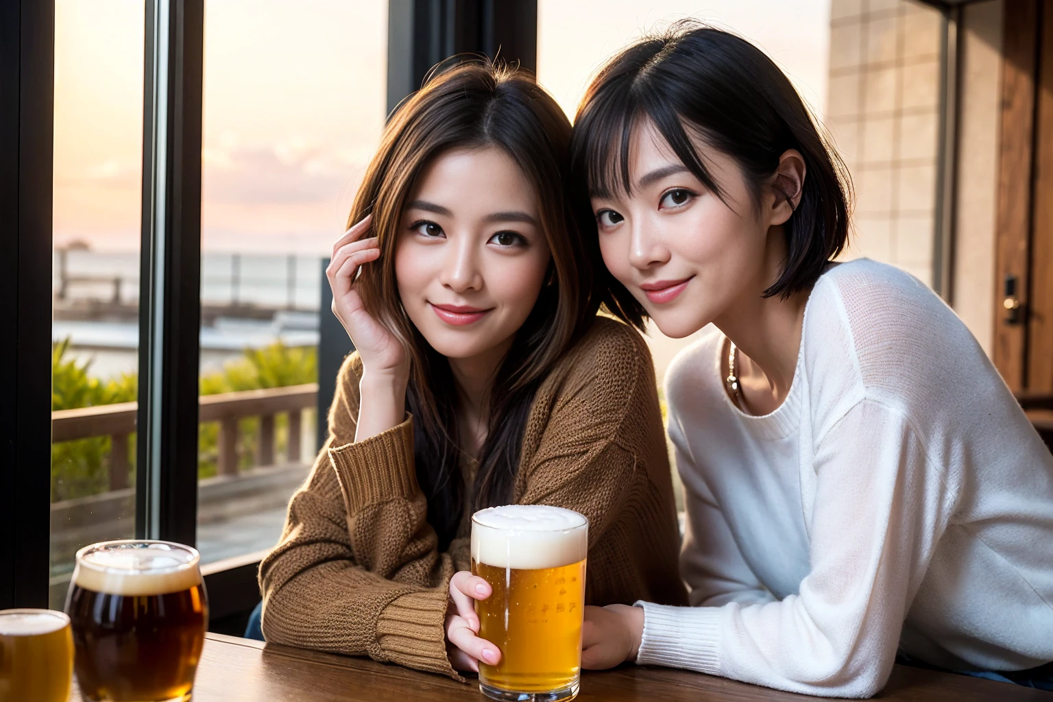 ((Highest quality、8k、masterpiece:1.3))、slimカップル、modelカップル、(Realistic, Intricate details:1.2), full-course dinner、Whiskey bottle and glass on table、Single Malt、scotch、Shot Glass、on the rocks、Scotland、Amazing view of the sunset sky and clouds、A bright smile、The wonderfulness of smile、 Beautiful Face, blue eyes, The light shines on your face, blush, short hair,Bright Face、 (Age 37), 3,Two beauties、Brown Hair、Shortcuts、Long sleeve shirt、dress、Beautiful woman 1, (slimな顔), (The body is slim), (Brown Hair), (Shortcuts), cheeks turn a little red,Attractive beauty、restaurant, In a prominent place (From the waist up) Nova Frog Style, actress, model, Upper Body, White wine, slim, smile, (smile: 1.15), Beautiful fine grain, Depth f/2,saturation, High Contrast, Strong light and shadow,Moist Body:1.5、3D texture、Delicate eyes、Brown Hair、The hair is very shiny、
