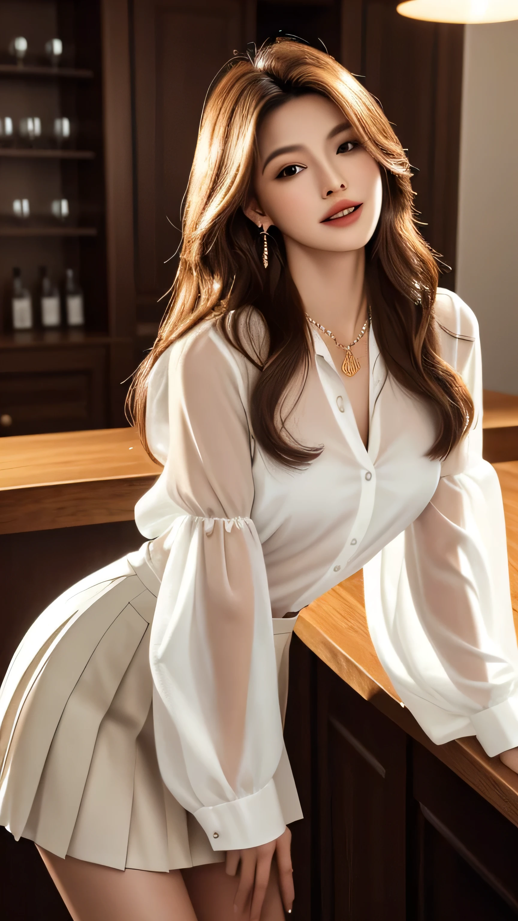 masterpiece, highest quality, Realistic, Super detailed, In detail, High resolution, 8k wallpaper, 1. Beautiful Women, Light brown hair, Sharp focus, Perfect dynamic composition, Beautiful fine details, Fine hair, Detailed and realistic skin texture, smile, Portraiture, Model Body Type,white long see-through sleeves button up blouse_white pleated mini skirt_red long ribbon tie、full body portrait、Long straight hair_Hair reaching down to the waist、Place your left hand gently on your chin,Sits on a bar chair by the counter in a seductive pose in a stylish bar at night,gold necklace_Large earrings,full figure supermodel standing, entire body in frame、12cm high heels,standing gracefully、chest thrusting pose, chest bragging pose,open her mouth,close her eyes