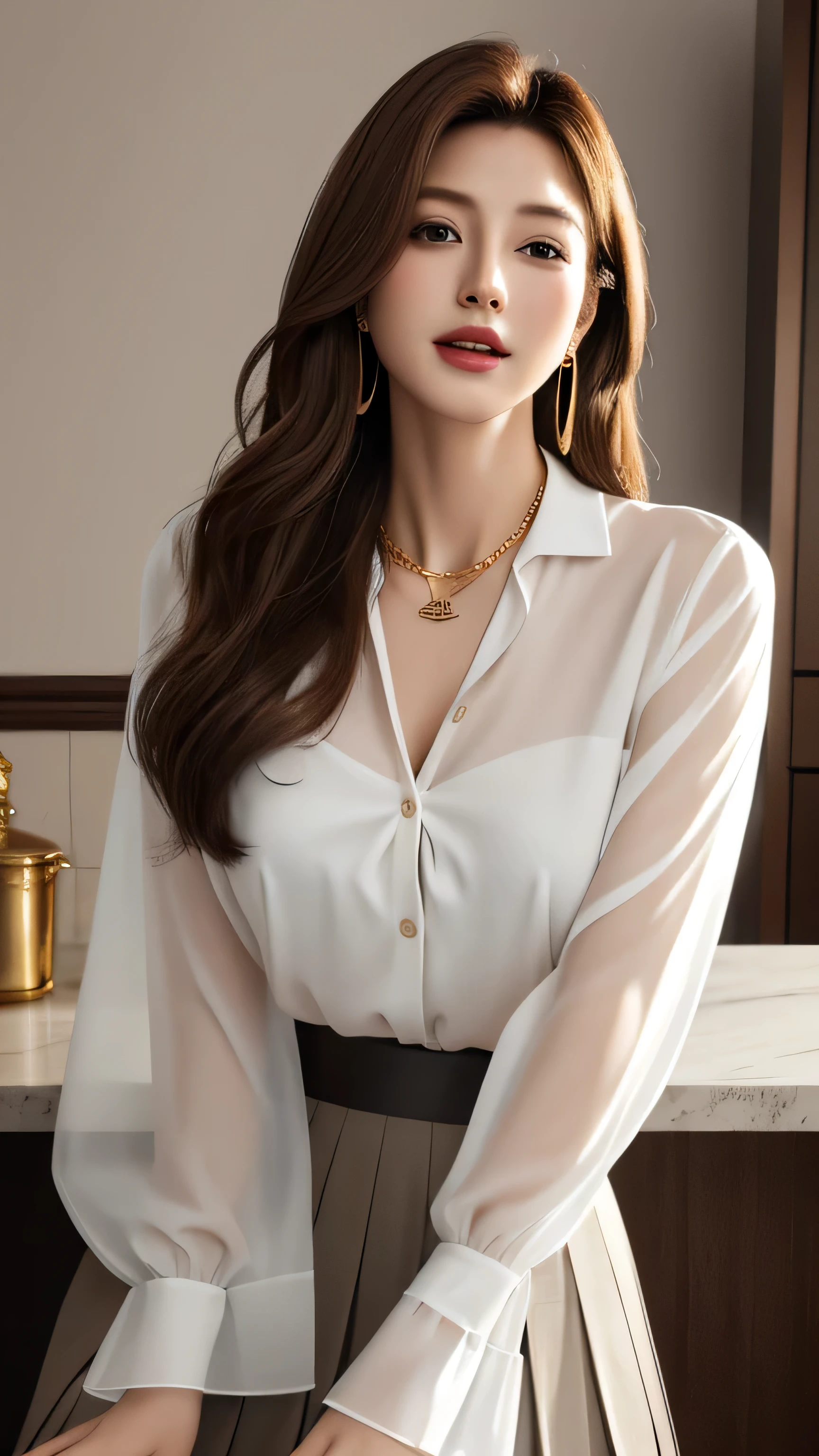 masterpiece, highest quality, Realistic, Super detailed, In detail, High resolution, 8k wallpaper, 1. Beautiful Women, Light brown hair, Sharp focus, Perfect dynamic composition, Beautiful fine details, Fine hair, Detailed and realistic skin texture, smile, Portraiture, Model Body Type,white long see-through sleeves button up blouse_white pleated mini skirt_red long ribbon tie、full body portrait、Long straight hair_Hair reaching down to the waist、Place your left hand gently on your chin,Sits on a bar chair by the counter in a seductive pose in a stylish bar at night,gold necklace_Large earrings,full figure supermodel standing, entire body in frame、12cm high heels,standing gracefully、chest thrusting pose, chest bragging pose,open her mouth,close her eyes