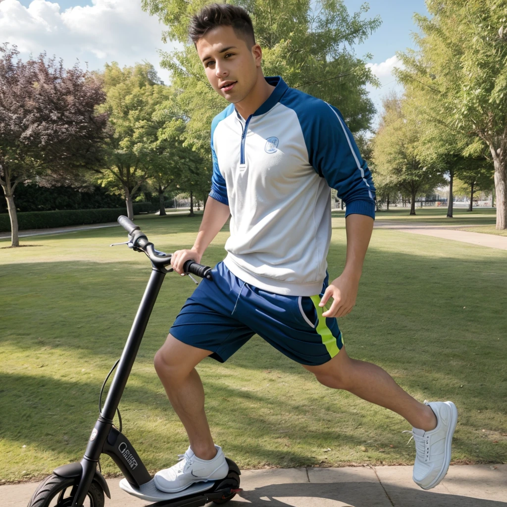 male, Riding an electric scooter,Wear sports shorts and sweatpants, Wearing running shoes, In the park,Weather Sunny