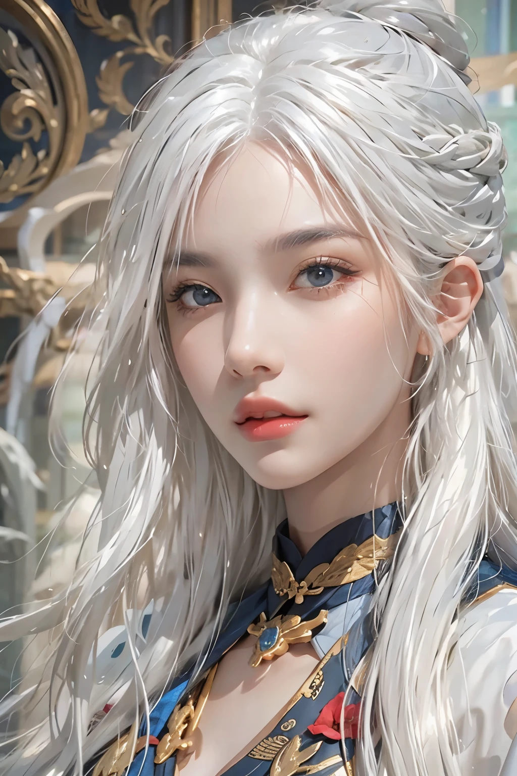 a beautiful detailed woman with long white hair, medium breasts, looking at the viewer, (detailed face), high resolution, photorealistic, Taoist