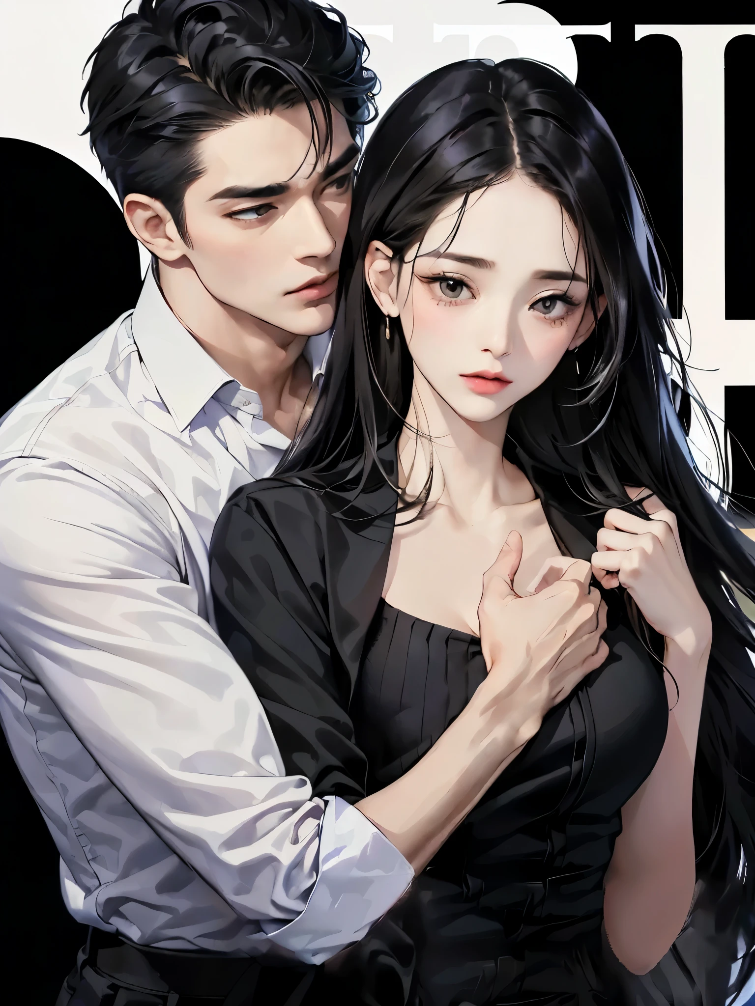 best quality,outstanding,A couple hugging together,Upper body close-up,The man hugged the woman from behind。Woman with long black hair,cry。Man with short black hair wearing suit,Poker face。Overbearing CEO,Novel cover,Beautiful and delicate face,HD,Light and Shadow,High quality details