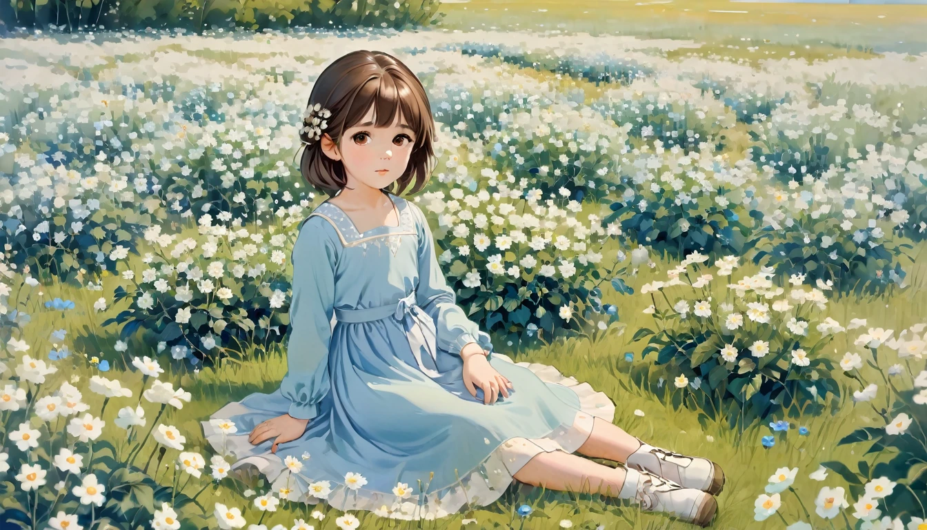 a small girl with brown hair, brown eyes, blue long-sleeved dress, sitting in a field of white flowers, pastel colors,