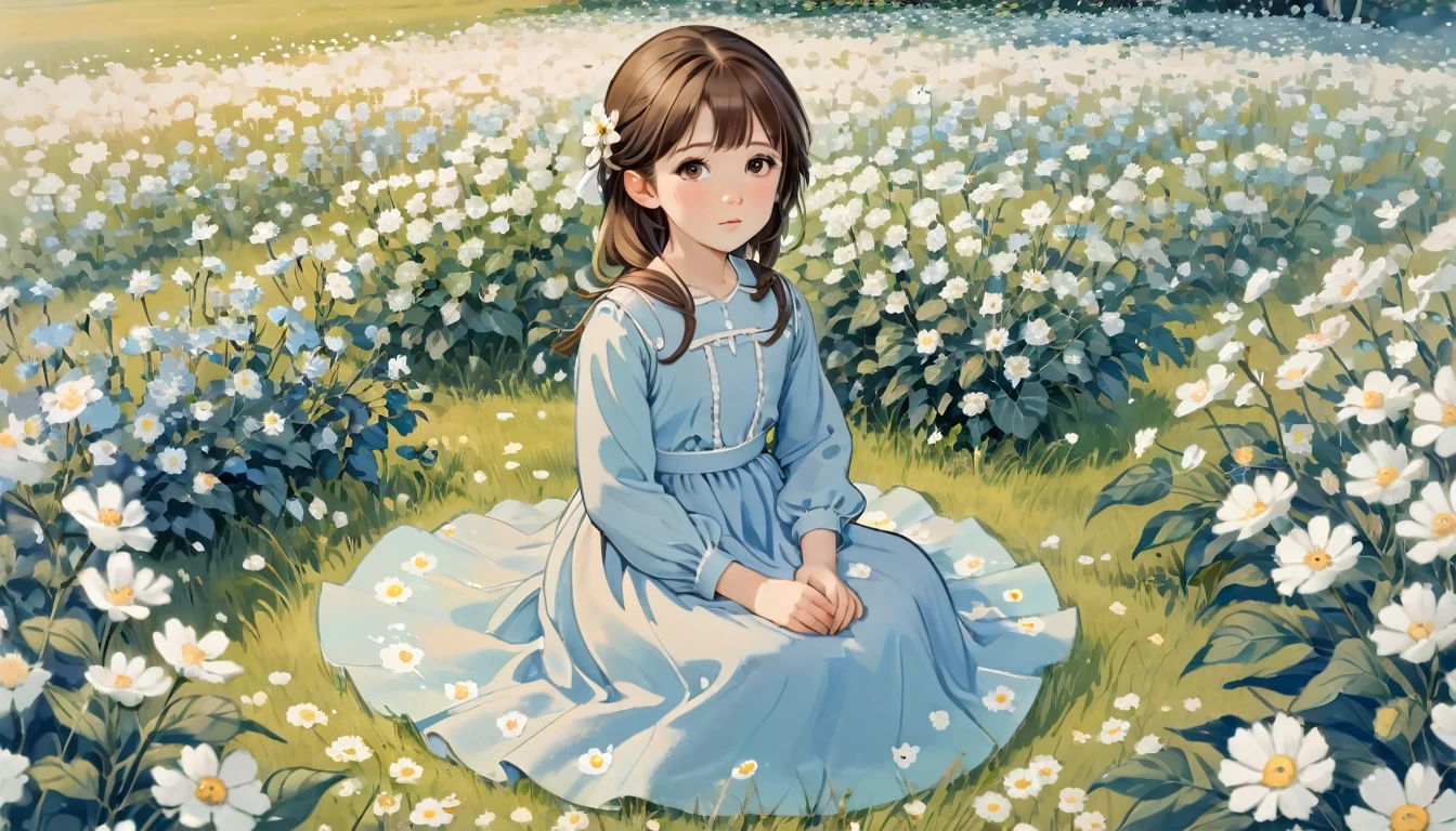 a small girl with brown hair, brown eyes, blue long-sleeved dress, sitting in a field of white flowers, pastel colors,