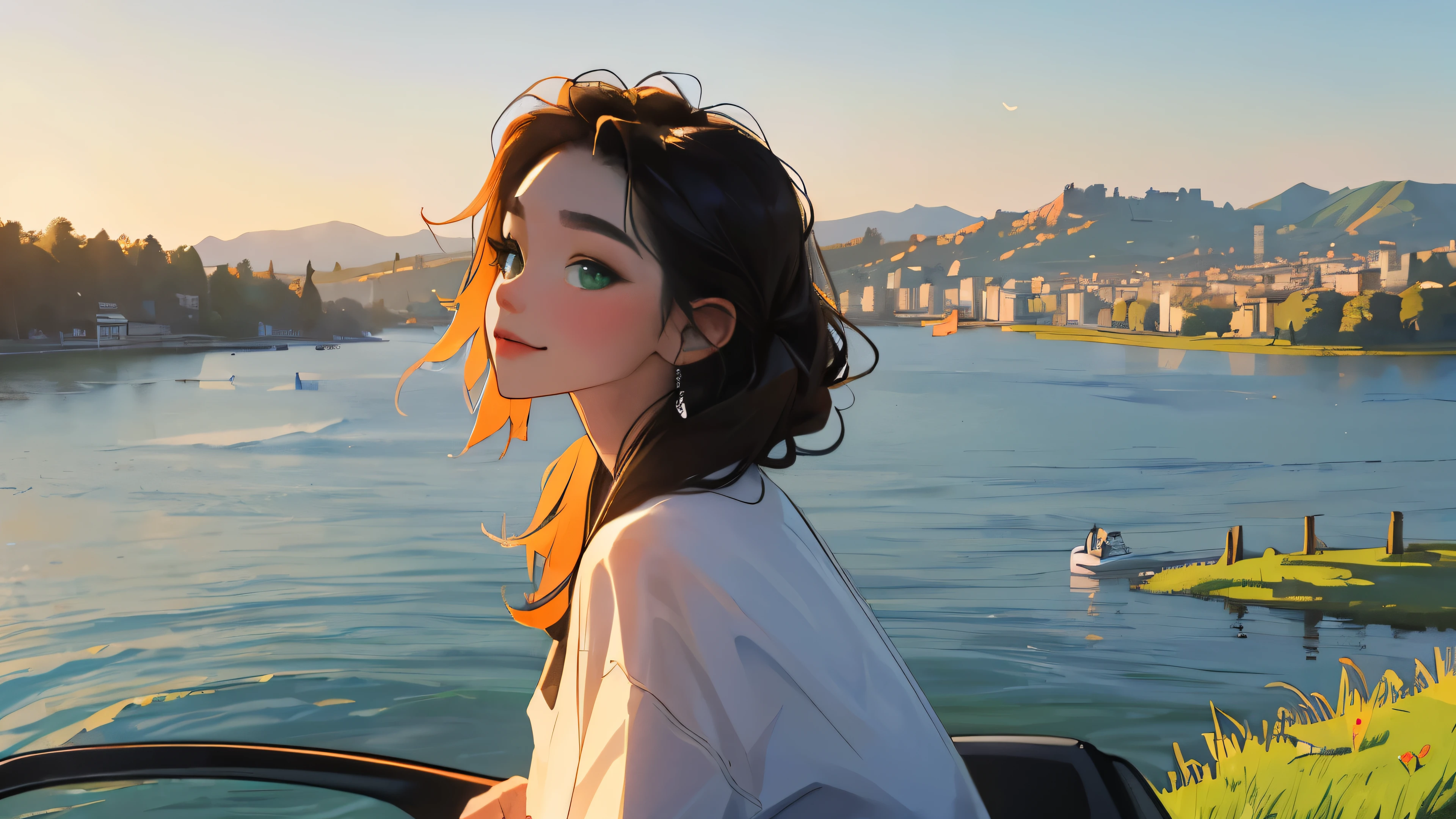 ((masterpiece)),(((bestquality))),((ultra-detailed)) realisticlying, 1 girl, Beautiful, black hair, happy, solo, The sky morning, looking to viewer, soft green, city, lake, big orange cat, car.
