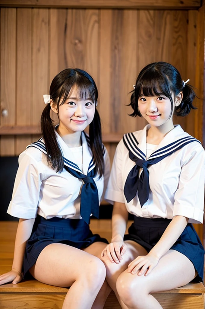 2 girls on desk in wooden school classroom,white shirt with sailor collar,navy blue micro mini skirt,white thong,pink plaid bow tie,18-year-old,bangs,a little smile,bare thighs,knees,legs apart,short hair with low pigtails,from before,front light