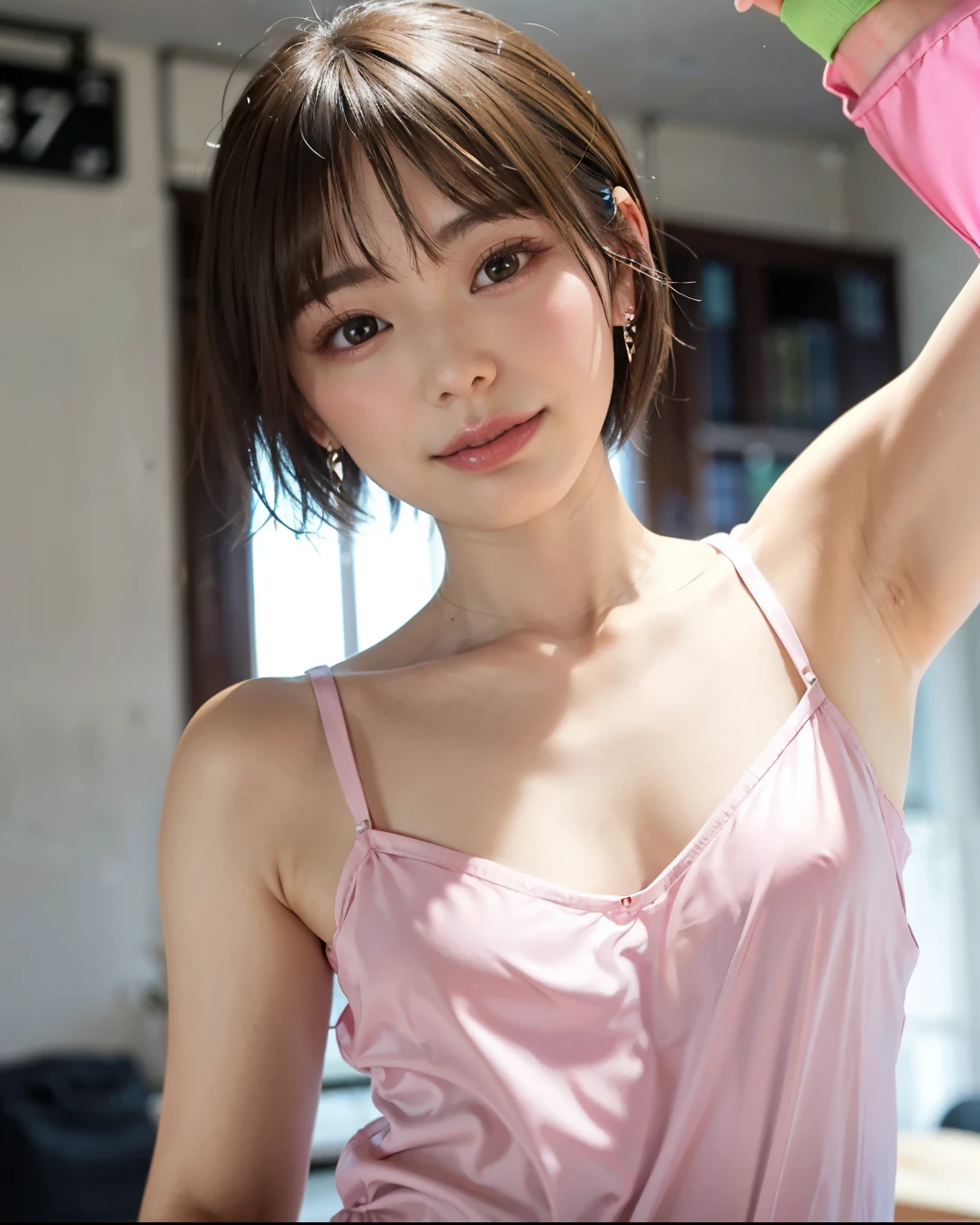 Woman wearing a camisole、(Pink make-upをしている無表情の女性:1.3), highest quality, One girl, ((very small flat chest:1.3))、((No underwear:1.5)), Gray solid background, bright, Blur the background, Bokeh, ((Lighting in your face:1.5))、((Close-up of face:1.3)), (Pink make-up), (eye shadow), (Wearing a thin camisole:1.5), nice, (Short Bob Cut Hair:1.2), Beautifully detailed skies, Earrings, (Dynamic pose:1.2), (Upper Body:0.8), Soft lighting, Wind, Shiny skin,