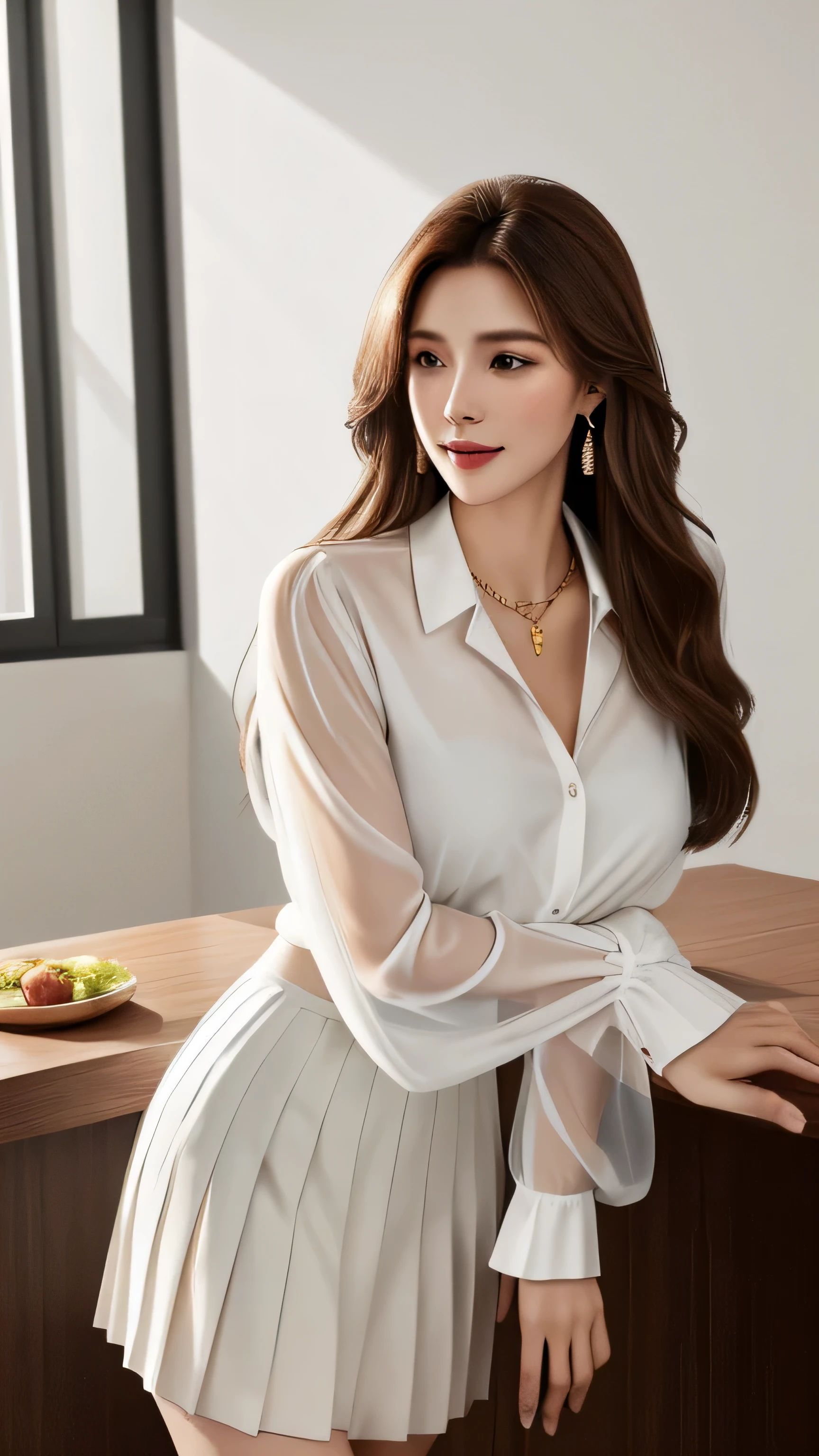 masterpiece, highest quality, Realistic, Super detailed, In detail, High resolution, 8k wallpaper, 1. Beautiful Women, Light brown hair, Sharp focus, Perfect dynamic composition, Beautiful fine details, Fine hair, Detailed and realistic skin texture, smile, Portraiture, Model Body Type,white long see-through sleeves button up blouse_white pleated mini skirt_red long ribbon tie、full body portrait、Long straight hair_Hair reaching down to the waist、Place your left hand gently on your chin,Sits on a bar chair by the counter in a seductive pose in a stylish bar at night,gold necklace_Large earrings,full figure supermodel standing, entire body in frame、12cm high heels,standing gracefully、chest thrusting pose, chest bragging pose,open her mouth,close her eyes