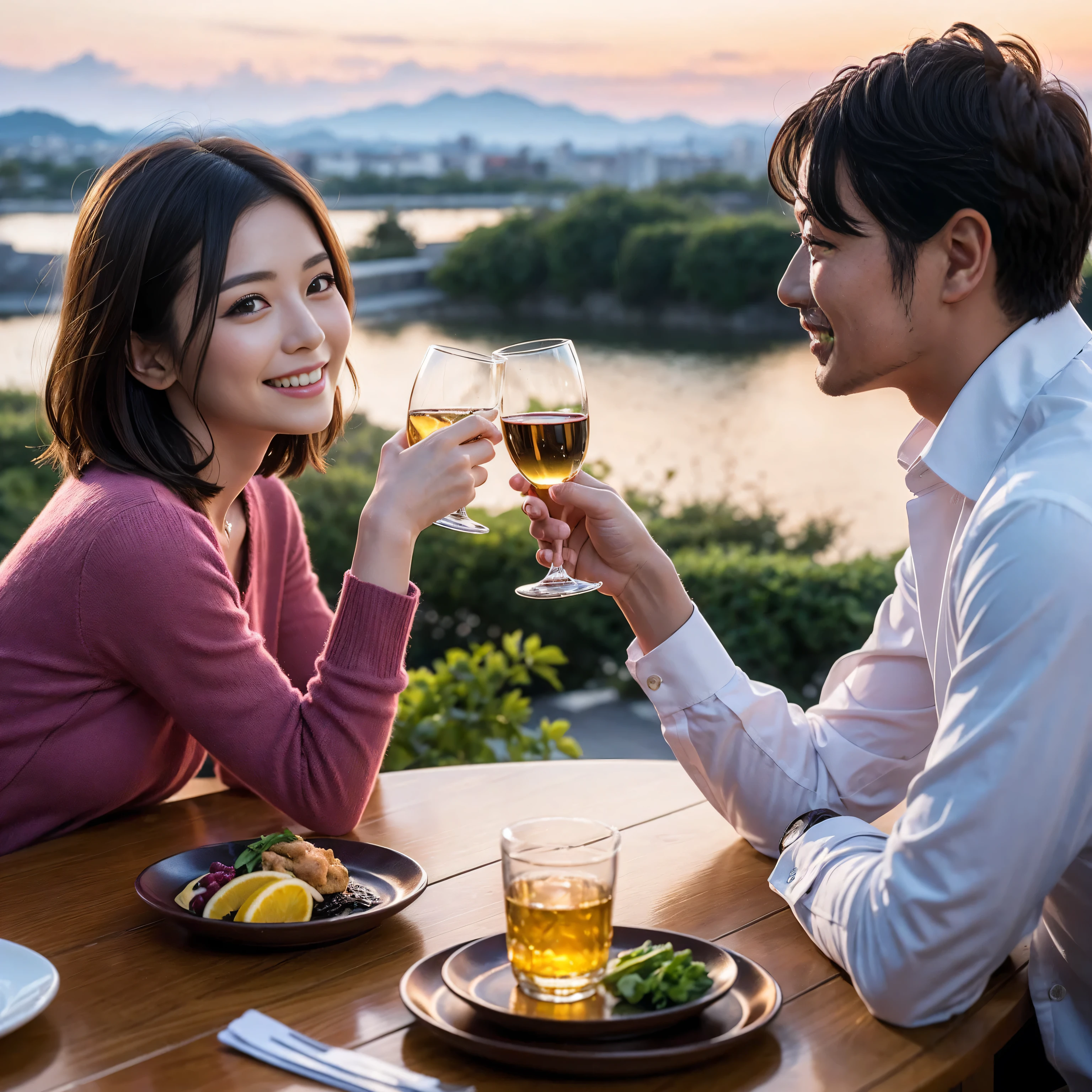 ((highest quality、8k、masterpiece:1.3))、 (Real, Genuine、Face carefully、Bright image、Intricate details:1.2), Best smile、1 male, 1 female、Beautiful couple、Lovers、Japanese couple、A gentle lover、actresodel、smile、full-course dinner、Pink Sweater, Super Fine Face, Delicate eyes, double eyelid, (Slim face), (the body is slim), (Brown Hair), (short hair), Wine glasses on the table、Please put light on my face、 Amazing view of the sunset sky and clouds、 (42 years old), 39 years old, Long sleeve shirt、dress、Japanese sake,Junmai Ginjo,Sake Glass, Shochu