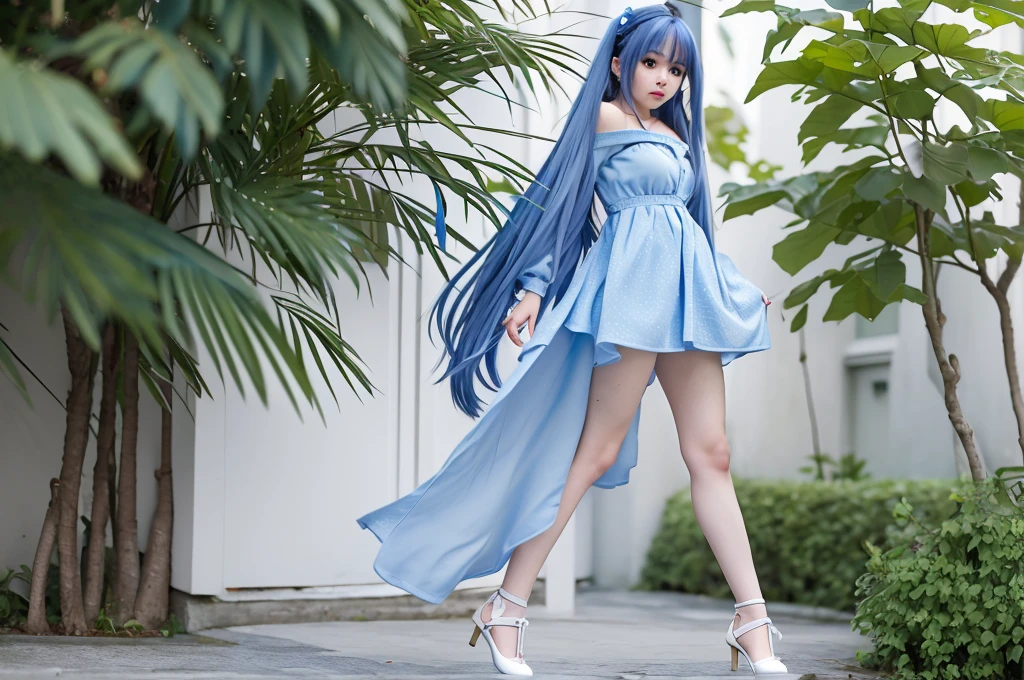 (street:1 blue-haired girl,get up,A word, one-step+), masterpiece, best quality, RAW photos, Realistically, Face, Incredibly ridiculous Resourcetra Long curly brown hair around the ears),Eyeshadow,Technical clothing,(White off-the-shoulder over-the-knee dress),White off-shoulder long dress,(White tight flats,Depth of Field, high resolution, Super detailed, Filigree, RAWE is very detailed, 眼睛和Face部的细节非常丰富, Sharp pupils, Realistic students, Lock focus, light,Full body female,Large target,The legs look very long from the front,Dynamic poses,Normal posture,Face部特写