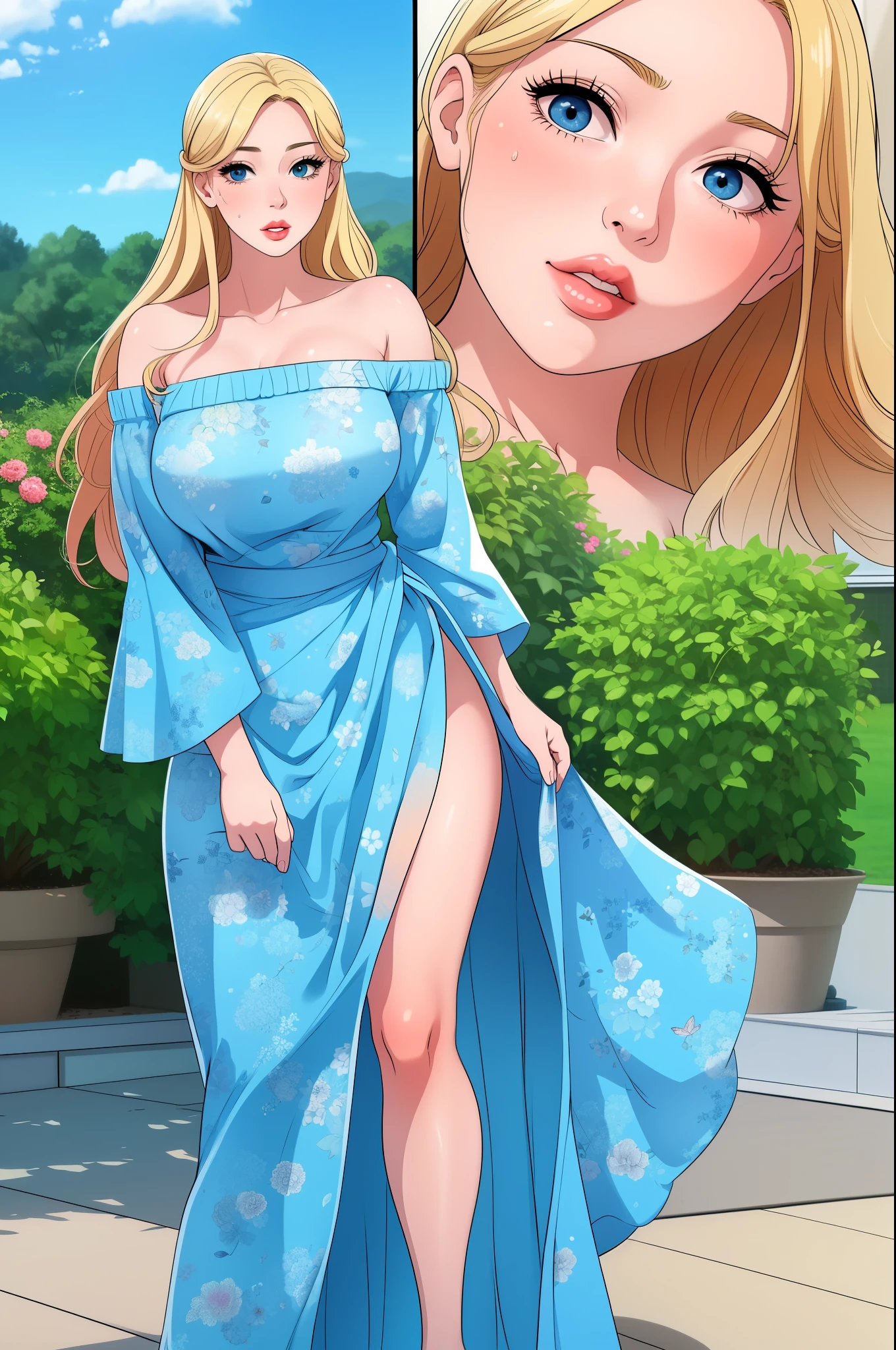 woman, long gold blonde shiny hair, blue big eyes, puffy lips, wearing a short sexy loose revealing sky-blue floral dress along with a pink sash around the waist and a white off-shoulder sweater, standing straight pose, hands joined together, looking at the viewer, big garden in the background, day time, show full body from head to feet.