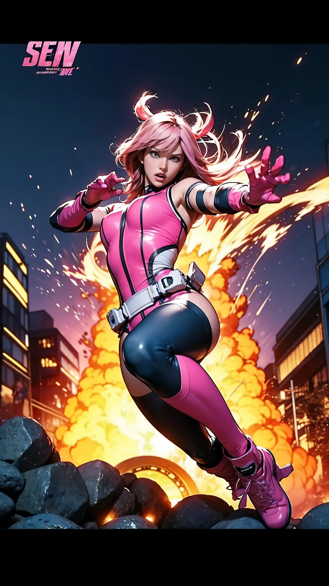 Solo, A brave and courageous image of a 6 member ranger team, Each one is decorated in vibrant colors such as:: ((Pink)), red is front of center, violet, Green, yellow, blue black, white,. Dynamic poses in a background that exudes energy and courage, neon, fire, plasma, Fluorescent, shocking, pink big bomber, splashing pink, running, fighting pose, action pose, Embodying the essence of the classic Sentai superhero team. Each Ranger:: The attire is sophisticated and modern, Each color has elements that reflect its theme., Ready for action. ((Camel Toe)), weapons, in sunset background , in cinematic lighting, cover art mixed cinema poster style,