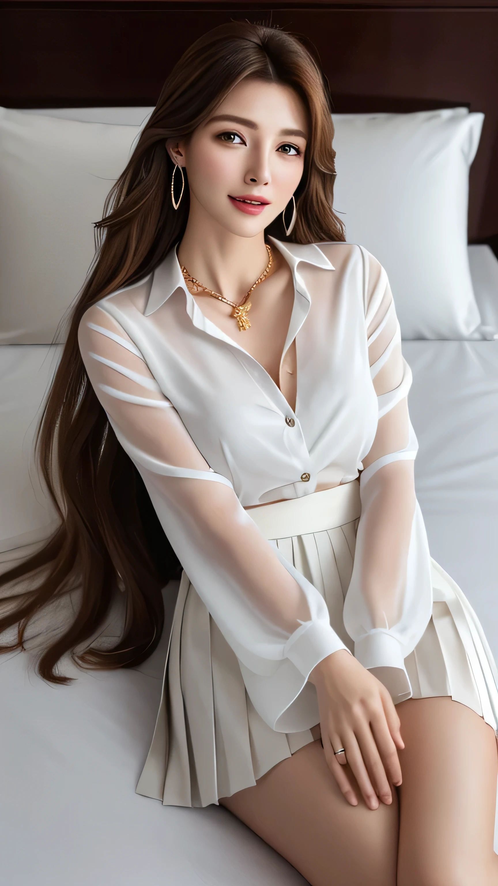 masterpiece, highest quality, Realistic, Super detailed, In detail, High resolution, 8k wallpaper, 1. Beautiful Women, Light brown hair, Sharp focus, Perfect dynamic composition, Beautiful fine details, Fine hair, Detailed and realistic skin texture, smile, Portraiture, Model Body Type,white long see-through sleeves button up blouse_white pleated mini skirt＿red long ribbon tie、full body portrait、Long straight hair_Hair reaching down to the waist、Place your left hand gently on your chin,gold necklace＿Large earrings,full figure supermodel standing, entire body in frame、12cm high heels,standing gracefully、chest thrusting pose, chest bragging pose,open her mouth,close her eyes、in a hotel bed_Lying_Are sleeping_mouth slightly open_I have my eyes open a little_Trance_pleasure_sigh