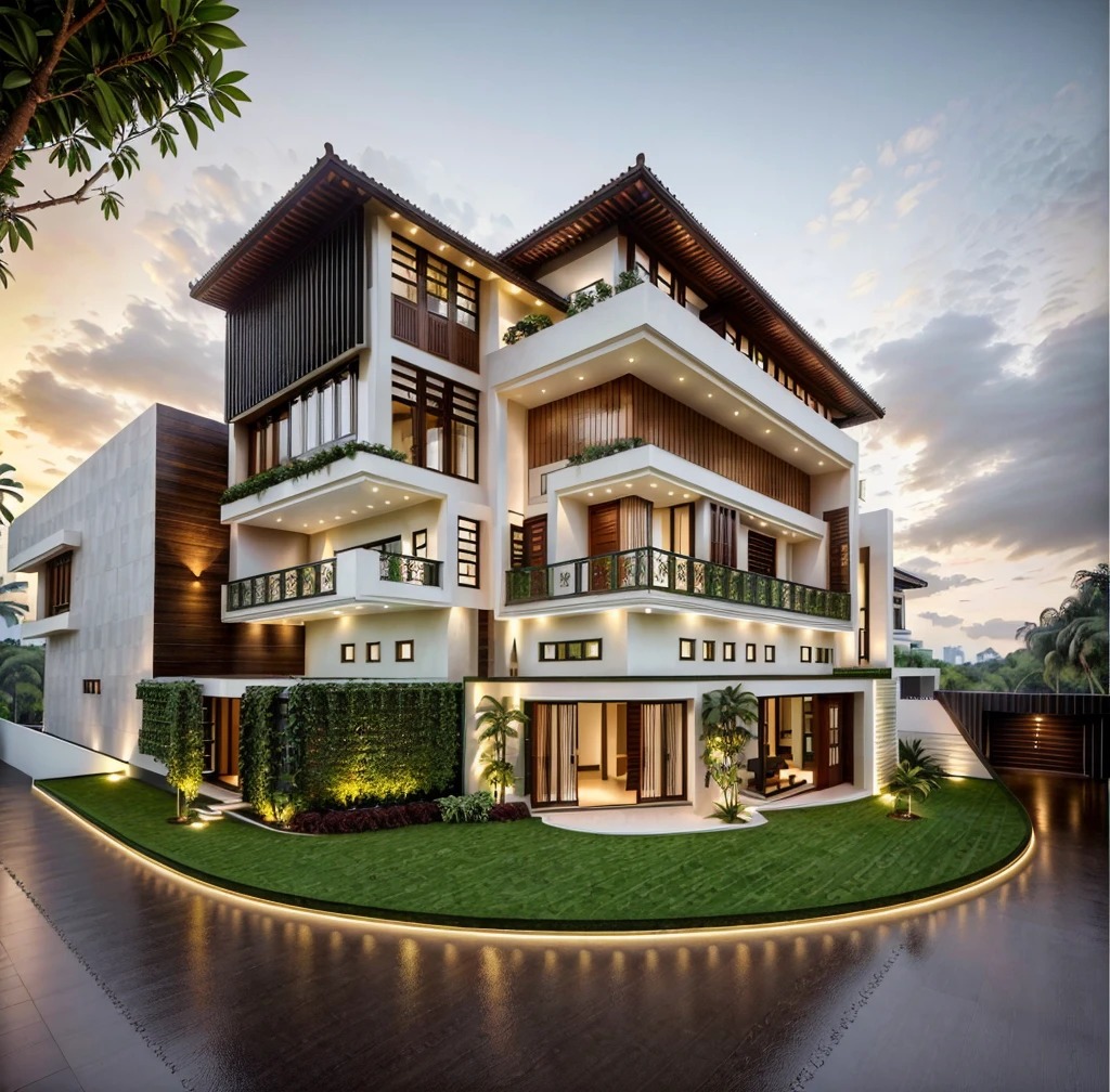 Located at the corner of a bustling intersection, this stunning urban villa masterfully blends the timeless elegance of Indochine style with contemporary design elements, street, no pool, The villa's facade, adorned with expansive glass walls, allows natural light to flood the interior, creating a harmonious connection between the indoor and outdoor spaces. The intricate wrought iron railings and traditional woodwork are complemented by sleek modern finishes, resulting in a striking visual contrast. Lush greenery surrounds the villa, softening its architectural lines and adding to its charm. This fusion of old-world charm and modern sophistication makes the villa a captivating landmark in the cityscape, 3dsmax render, realistic photo