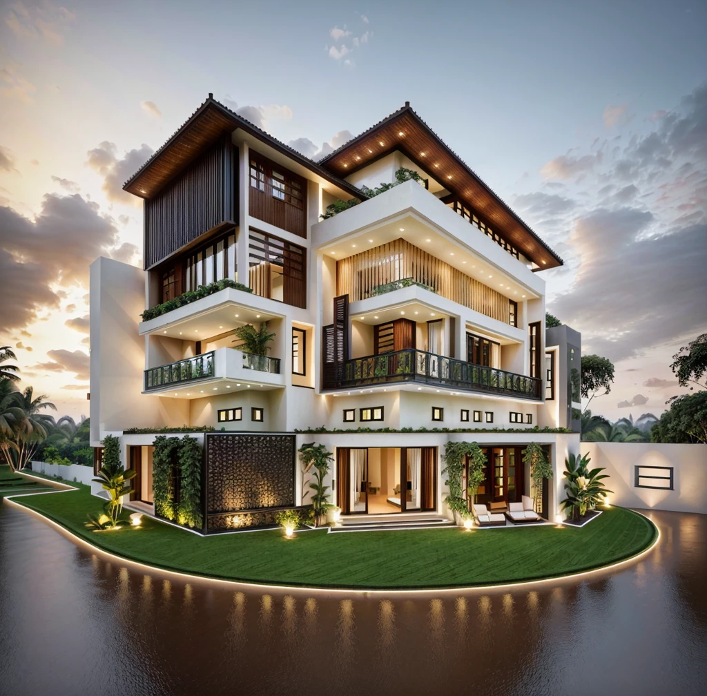 Located at the corner of a bustling intersection, this stunning urban villa masterfully blends the timeless elegance of Indochine style with contemporary design elements, street, no pool, The villa's facade, adorned with expansive glass walls, allows natural light to flood the interior, creating a harmonious connection between the indoor and outdoor spaces. The intricate wrought iron railings and traditional woodwork are complemented by sleek modern finishes, resulting in a striking visual contrast. Lush greenery surrounds the villa, softening its architectural lines and adding to its charm. This fusion of old-world charm and modern sophistication makes the villa a captivating landmark in the cityscape, 3dsmax render, realistic photo