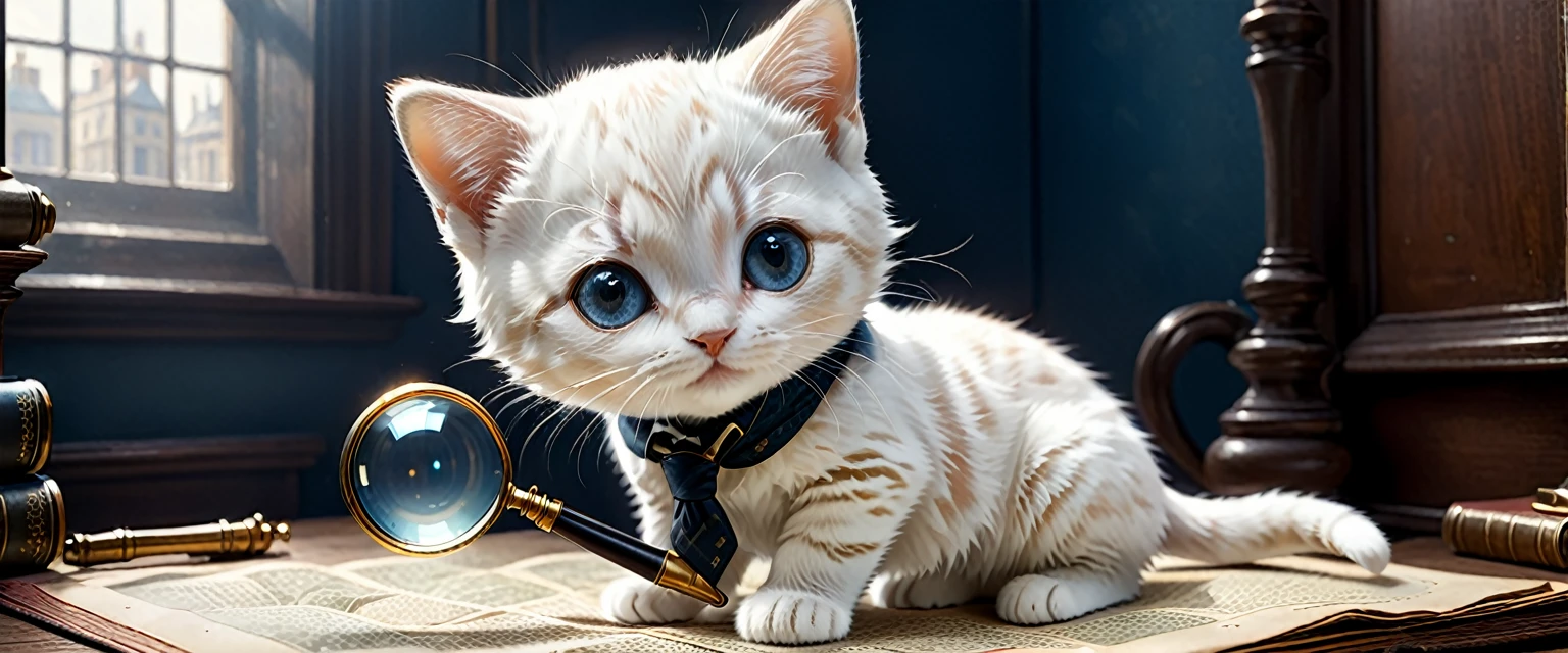 C4tt4stic, set in late 19th century London, looking through a magnifying glass, illustration of a small cute creature, small cute creature dressed in detective Sherlock Holmes costume, fantasy art, intricate detail, Jean-Baptiste Monge style, Jean-Baptiste Monge style Alan Lee style, anthropomorphic white kitten, movie scene, dramatic shot angle, atmospheric particles, realistic, raw cinematic photorealism, action portrait, 8k, detail, center, full frame
