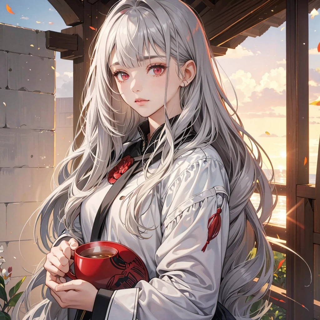 1 girl, high resolution, long silver hair, gray hair, glossy hair, silk hair, red blinking light eyes, red eyes, light red eyes, straight beautiful bangs, blunt bangs, wearing stylish and elegantly coat that gives autumn vibes, holding cup of tea, Very detailed face, gray clouds, sunshine is breaking through, background, ultrasharp, 8K, masterpiece, looking at the sides