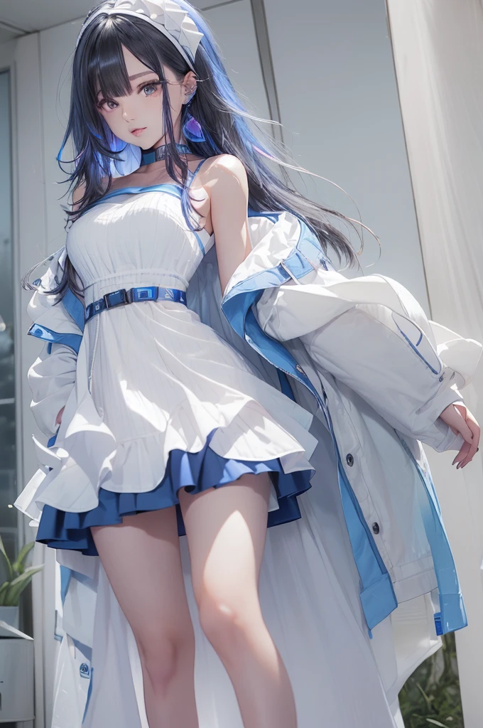 （street：1 blue-haired girl，get up，A word, one-step+）， masterpiece， best quality， RAW photos， Realistically， Face， Incredibly ridiculous Resourcetra Long curly brown hair around the ears)，Eyeshadow，Technical clothing，(White off-the-shoulder over-the-knee dress)，White off-shoulder long dress，(White tight flats，Depth of Field， high resolution， Super detailed， Filigree， RAWE is very detailed， 眼睛和Face部的细节非常丰富， Sharp pupils， Realistic students， Lock focus， light，Full body female，Large target，The legs look very long from the front，Dynamic poses，Normal posture，Face部特写