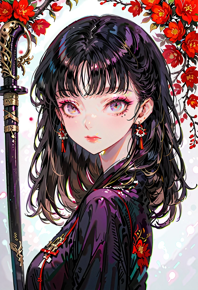 (highest quality,Super detailed,High resolution:1.2),beautiful woman with perfect face,very_Long eyelashes, Detailed lips, A radiant smile, Soft Skin, Shiny Hair,Exquisite makeup,Heavy bangs，He is looking at me with a cane on his cheek.