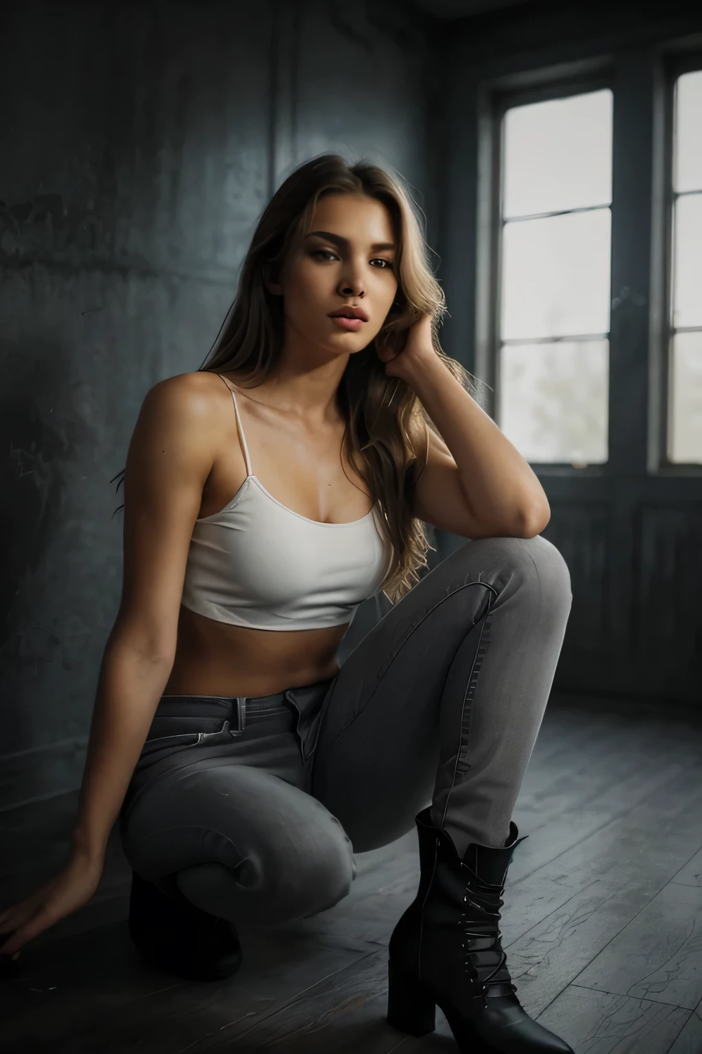 woman, a striking 22-year-old American model with light brown hair , wavy hair, 172 height, full body photo, mix face veronika bielik, danusia draghici face, cute faces, girlfriend, blonde and attractive features, (Suspense Scene ((Concept Art)), Highly detailed image of a girl in jeans and high boots, wearing a tied strech blouse shoulderless), (Better lighting, Better Shadows, Very delicate and scary), (digital illustration), ((4K Painting)), [(Dynamic Angle,((One girl)),Gray Hair, (Beautiful Face, Perfect Face, Scared,) Expressions of peace, Torn clothes, Sitting on the floor, darkness, Scary House), [:(dark, Mysterious, Game Paint, An ominous setting, Jagged Hallway, Big House, Deathly Silence):]
no jewelry, post apocalyptique, reading a book