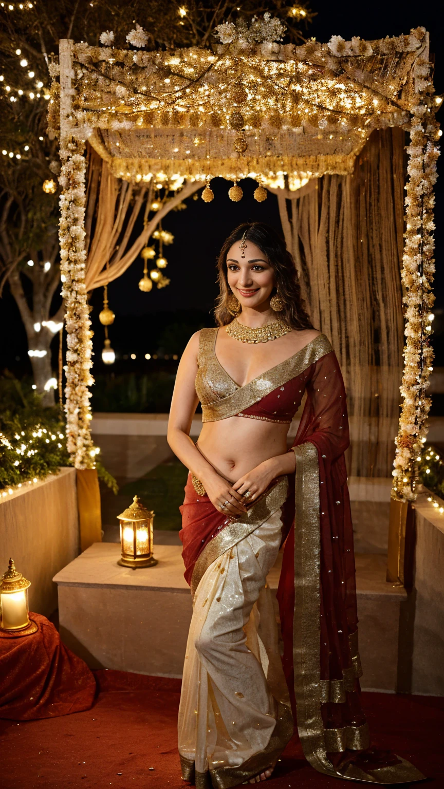 Kiara Advani, dressed in a stunning red saree embellished with gold embroidery, stands on a decorated terrace under the night sky. She holds a beautifully adorned sieve in one hand and a brass plate with a lit diya (oil lamp) in the other. Her eyes are filled with love and devotion as she looks through the sieve at her husband, who stands opposite her, smiling warmly. The moonlight bathes the scene in a gentle glow, and the festive decorations, including fairy lights and flowers, add to the celebratory atmosphere of Karva Chauth.