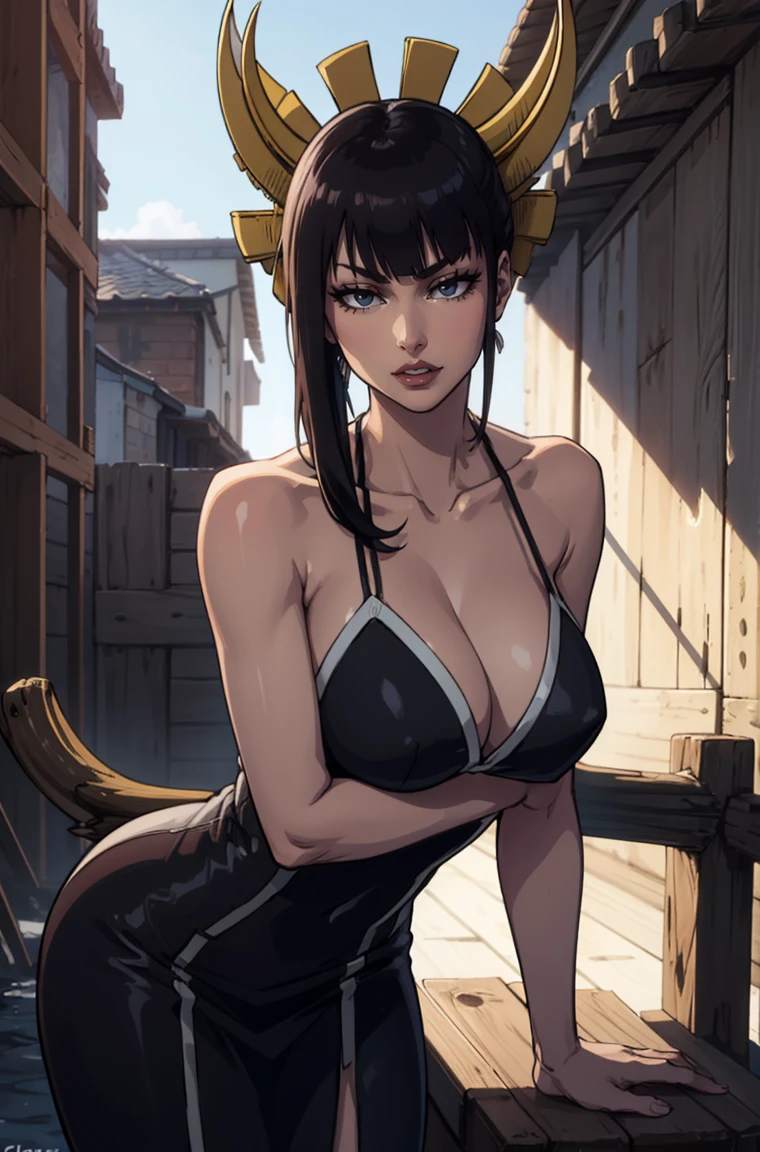 masterpiece, best quality, 1girl, solo, senjumaru shutara, looking at viewer, slight smile, long hair, bangs, blunt bangs, sidelocks, (black eyes), (black hair), makeup, lipstick, red lipstick, sleeveless, black dress, cowboy shot, spaghetti straps, cowboy shot, cleavage, collarbone, head ornament, hair ornament, detailed background, outdoors, bent over, leaning forward, please fix image, hazel eyes, super beautiful