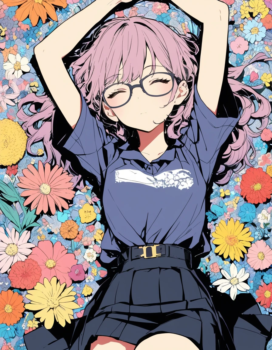 ultra-detailed:1.3, ultra delicate and detailed face:1.3, (absurdres, texture, masterpiece), pixiv contest winner, by Posuka Demizu, dynamic manga-style illustration of girl with glasses,Aesthetic, euphoric,sleeping,medium navy shirts,black skirt, beautiful woman, background filled with flowers,crayon color,purple zentangle,outline,anime key visual,lying,arms up,more detail XL