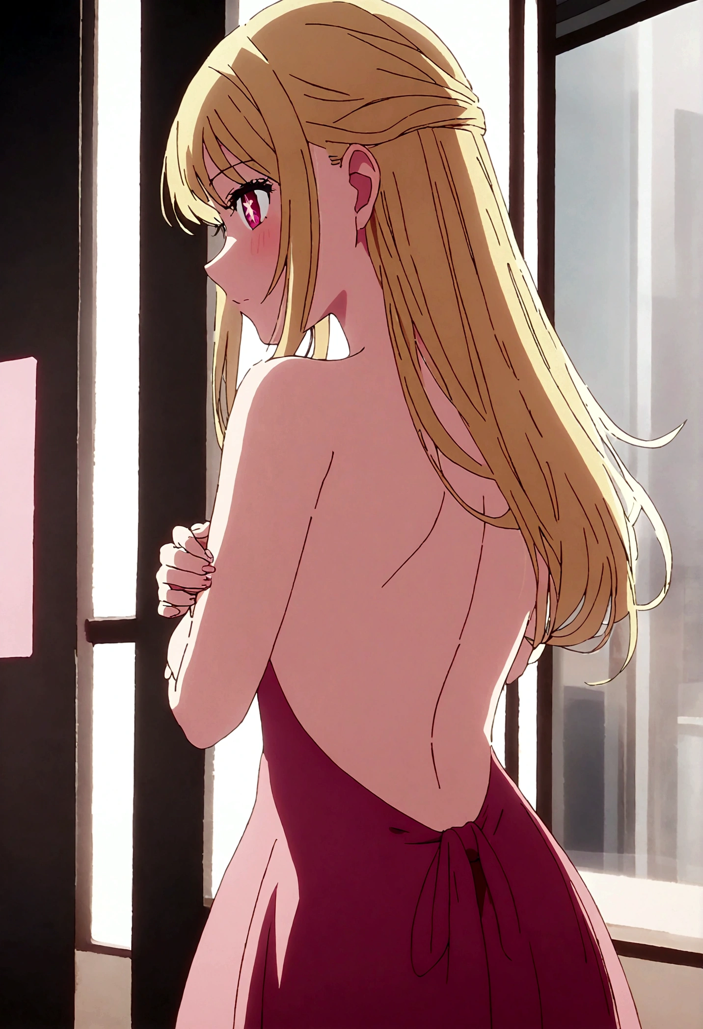 hoshinoruby, star-shaped pupils, ruby_hoshino, blonde hair, bangs, 1girl, pink eyes, long hair, backless, covering breasts, cowboy shot, back view, 