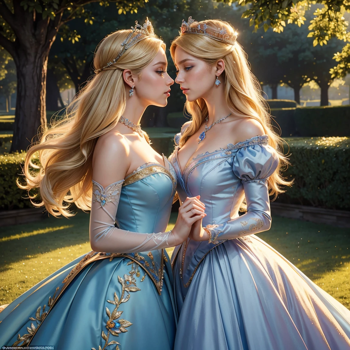 (masterpiece, best quality), highest quality, High resolution, Super detailed, realistic, Full body shot of blonde princess, detailed and beautiful eyes, beautiful detailed lips, highly detailed eyes and face, long eyelashes, princess in blue royal gown, Gorgeous and colorful makeup, Elegant and classy々pose,shining crown and jewels, Royal gardens as background, soft natural light, Bright colors, fine brush strokes, portrait style, Exquisite details in the dress material, gorgeous color palette, glowing skin, Top-notch rendering that captures every detail, enchanting atmosphere, subtle shadows and highlights, (perfect anatomy:1.2), (two stunning princesses is deeply in love with each other:1.4), (kiss:1.2)