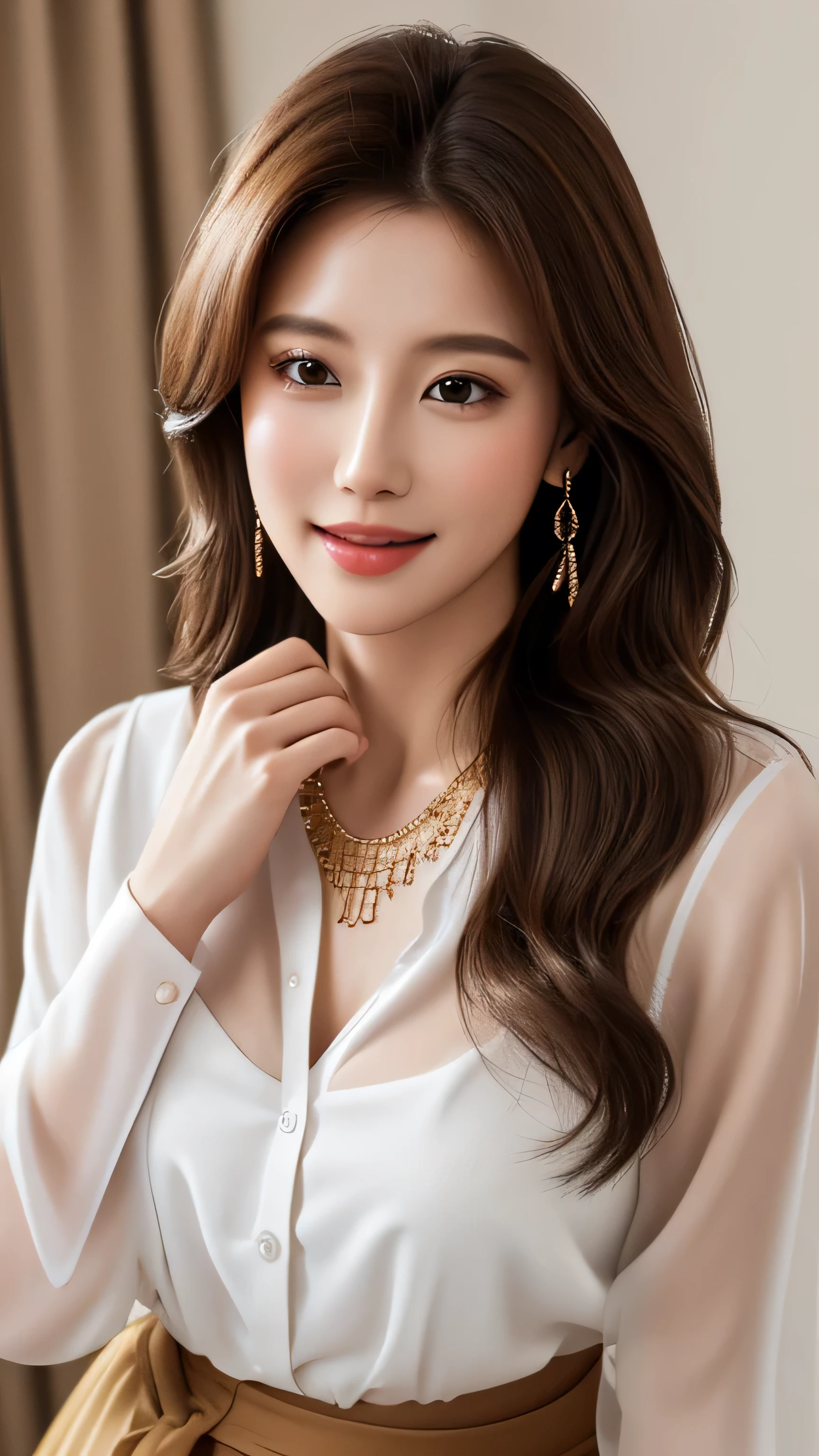 masterpiece, highest quality, Realistic, Super detailed, In detail, High resolution, 8k wallpaper, 1. Beautiful Women, Light brown hair, Sharp focus, Perfect dynamic composition, Beautiful fine details, Fine hair, Detailed and realistic skin texture, smile, Portraiture, Model Body Type,white long see-through sleeves button up blouse_white pleated mini skirt_red long ribbon tie、full body portrait、Long straight hair_Hair reaching down to the waist、Place your left hand gently on your chin,gold necklace_Large earrings,full figure supermodel standing, entire body in frame、12cm high heels,standing gracefully、chest thrusting pose, chest bragging pose,open her mouth,close her eyes、in a hotel bed_Lying_Are sleeping_mouth slightly open_I have my eyes open a little_Trance_pleasure_sigh、Gently bite the thumb of your right hand、Look to the side